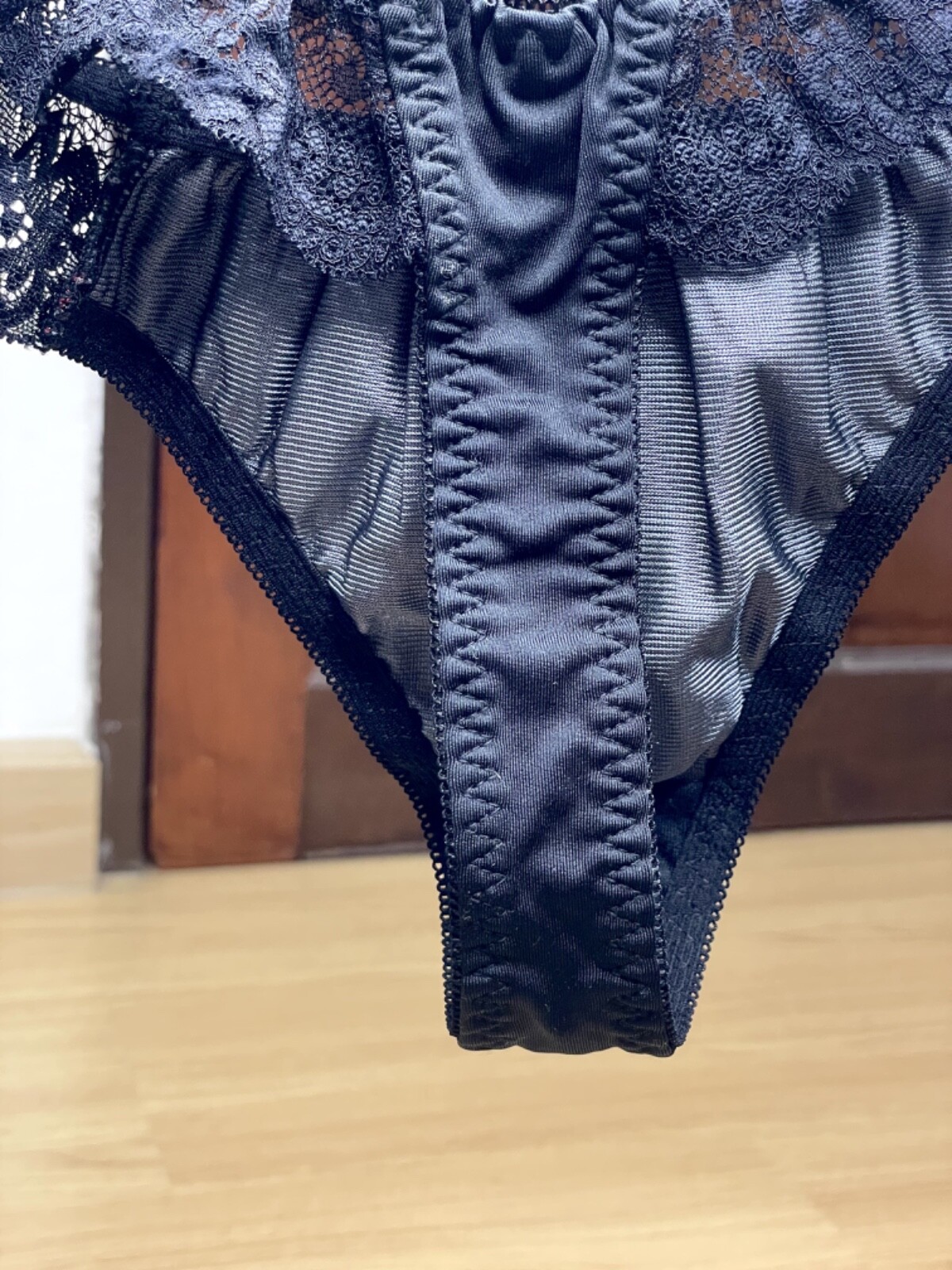 Vtg Deep Black Polyester Spandex String Panty Sz.5~6 Sheer Floral Lace Briefs
