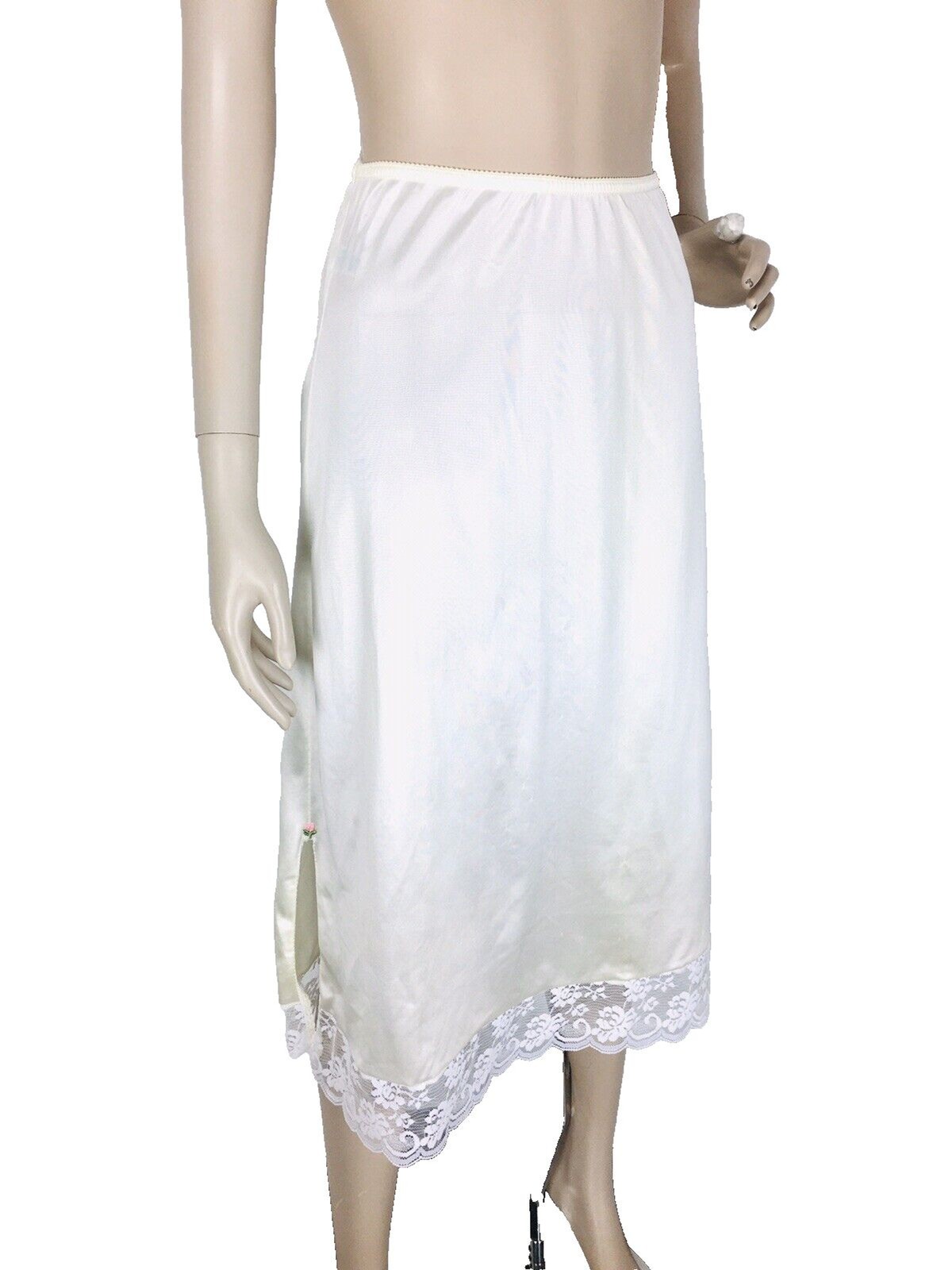 Vintage 70s Chantilly Maidenform Side Slits Lace Trim Midi Skirt Half Slip Small