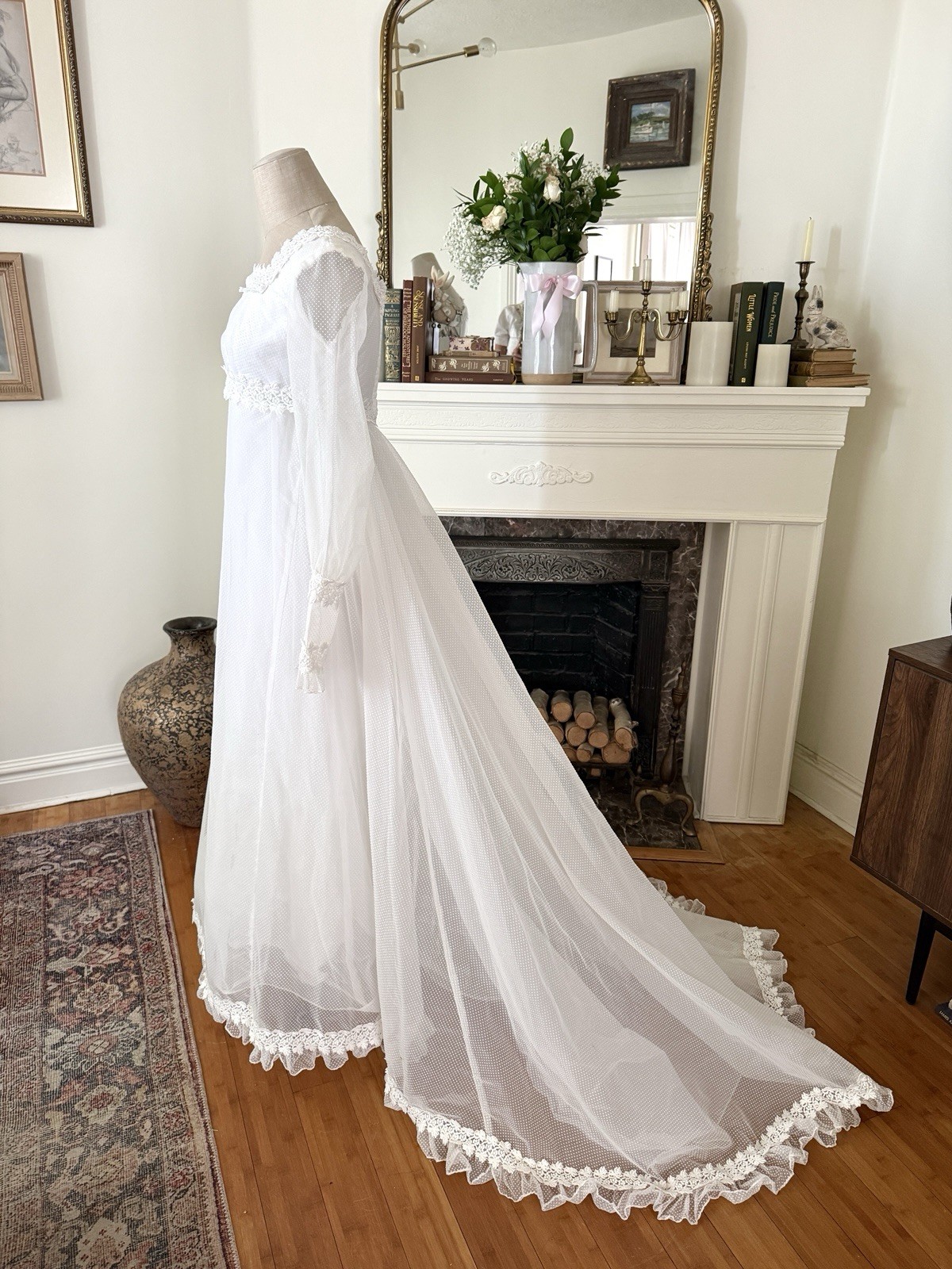 Vintage Handmade Regency 1970s Long Sleeve Wedding Dress Gown with Train