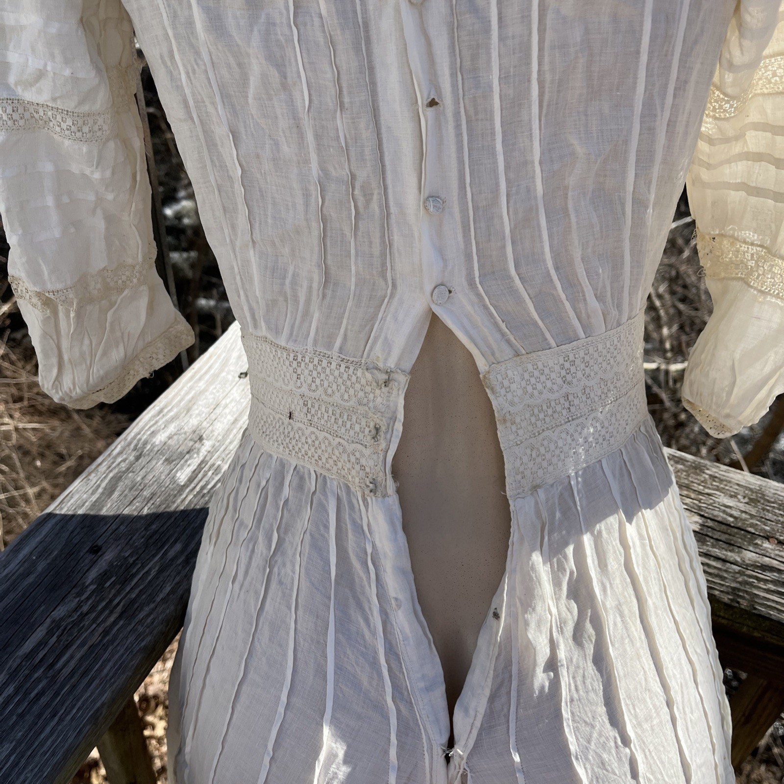 Authentic Edwardian Off White Cotton Lawn Dress c.1900 Lace Pintuck Button Back