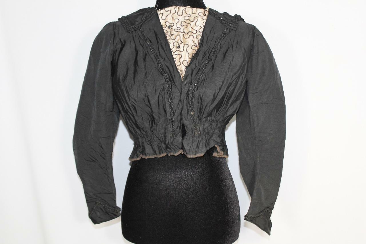 RARE FRENCH ANTIQUE VICTORIAN BLACK SILK TAFFETA BEADED BODICE SIZE SMALL