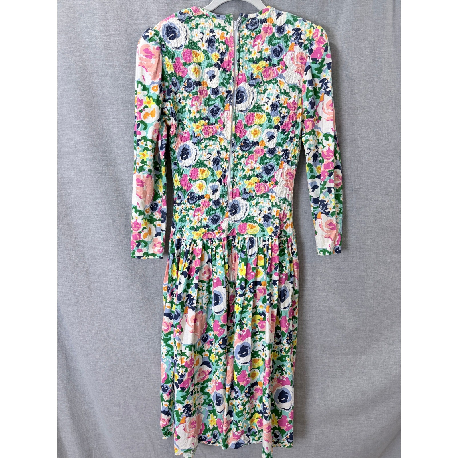 Antara Vintage 90s Floral Smocked Bodice Midi Dress Multi Color Cotton 5