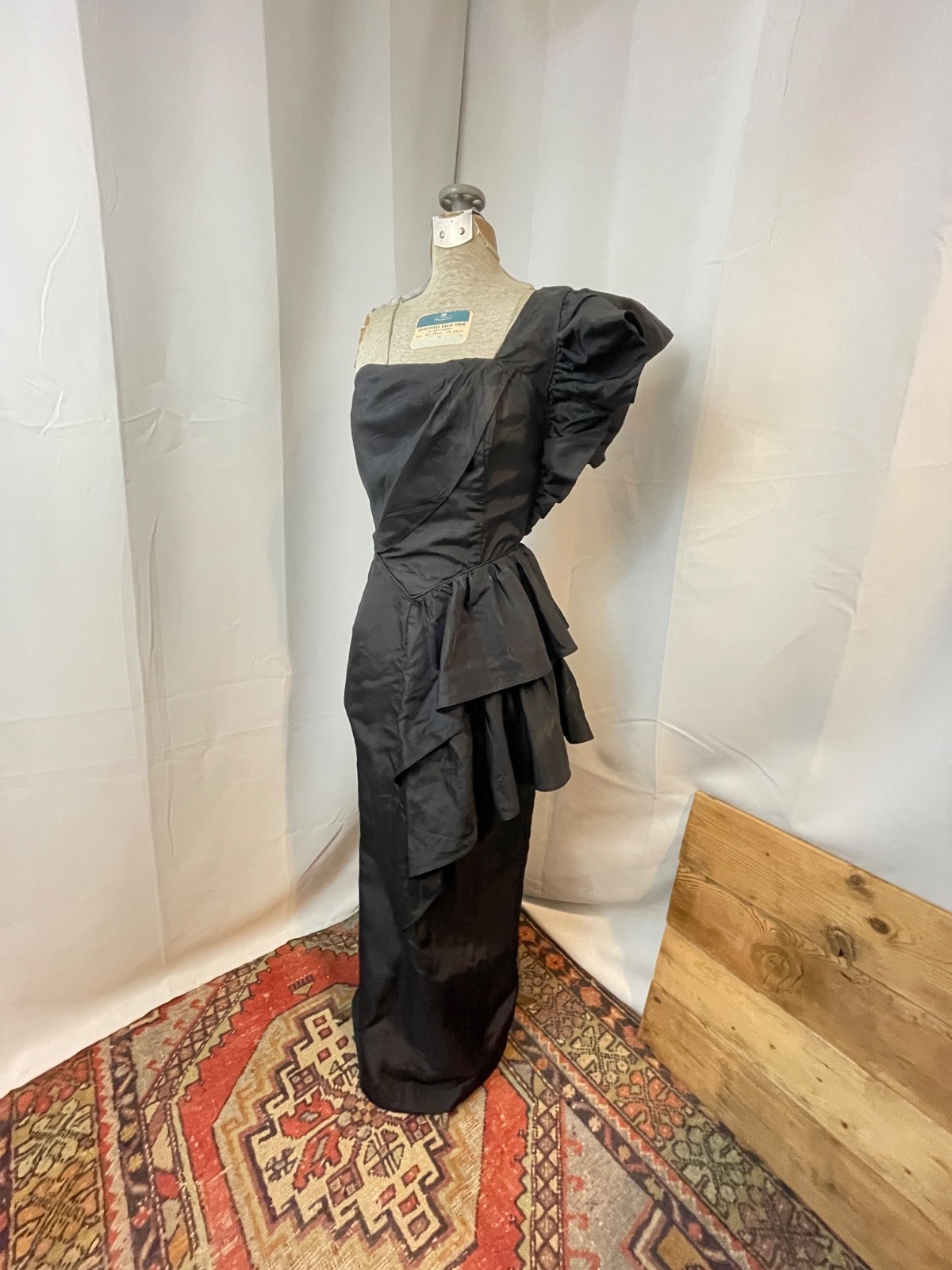 1980s Ruffle Dress Black One Shoulder asymmetrical Formal Climax Karen Okada XS