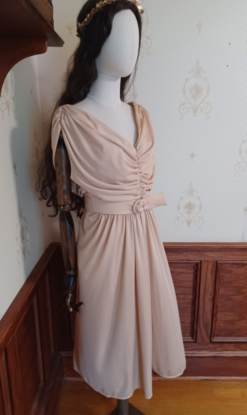 Vintage 1970s Union-Made Earth-Tone Disco Grecian Goddess Midi Dress