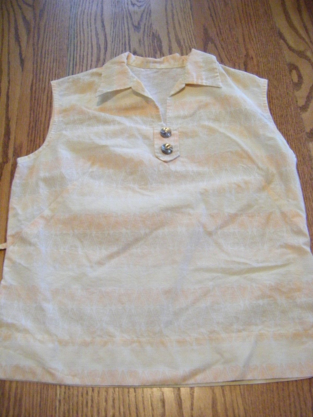 Vtg 70s Light Peach Ivory Mod Printed Sleeveless Jr Shirt-Bust 38/2XS/Girl L