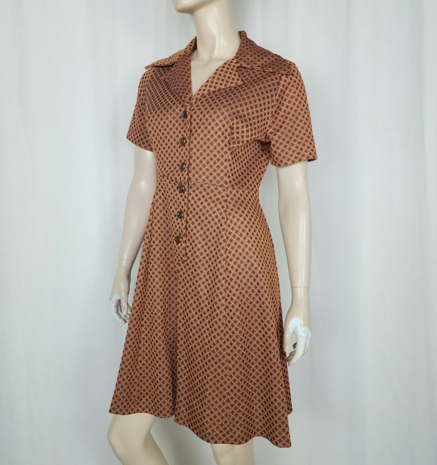 Vtg 70s shirt day dress brown copper M