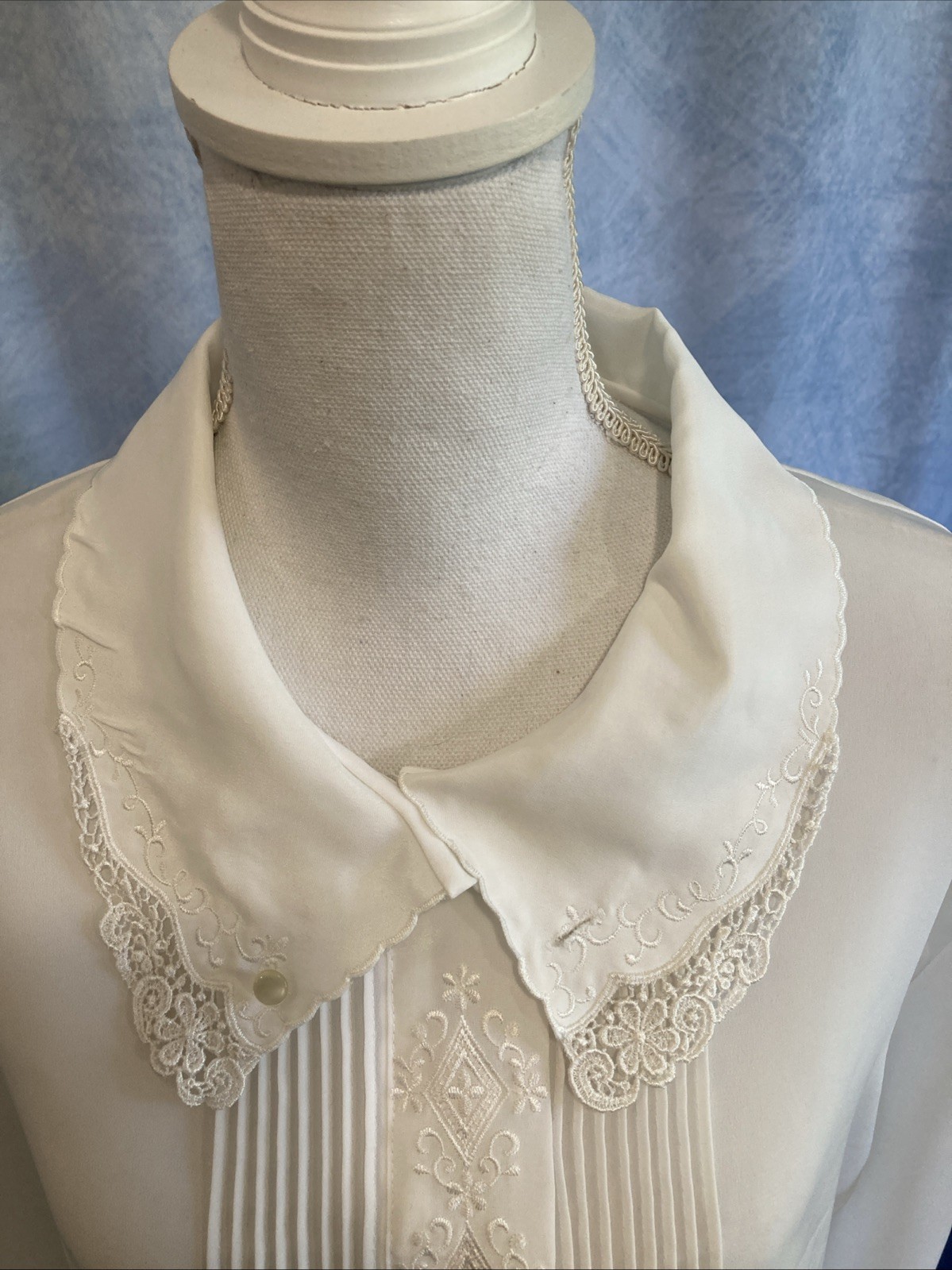 Vintage 80s Priorities White Pintuck Secretary Blouse Lace Peter Pan Collar 16