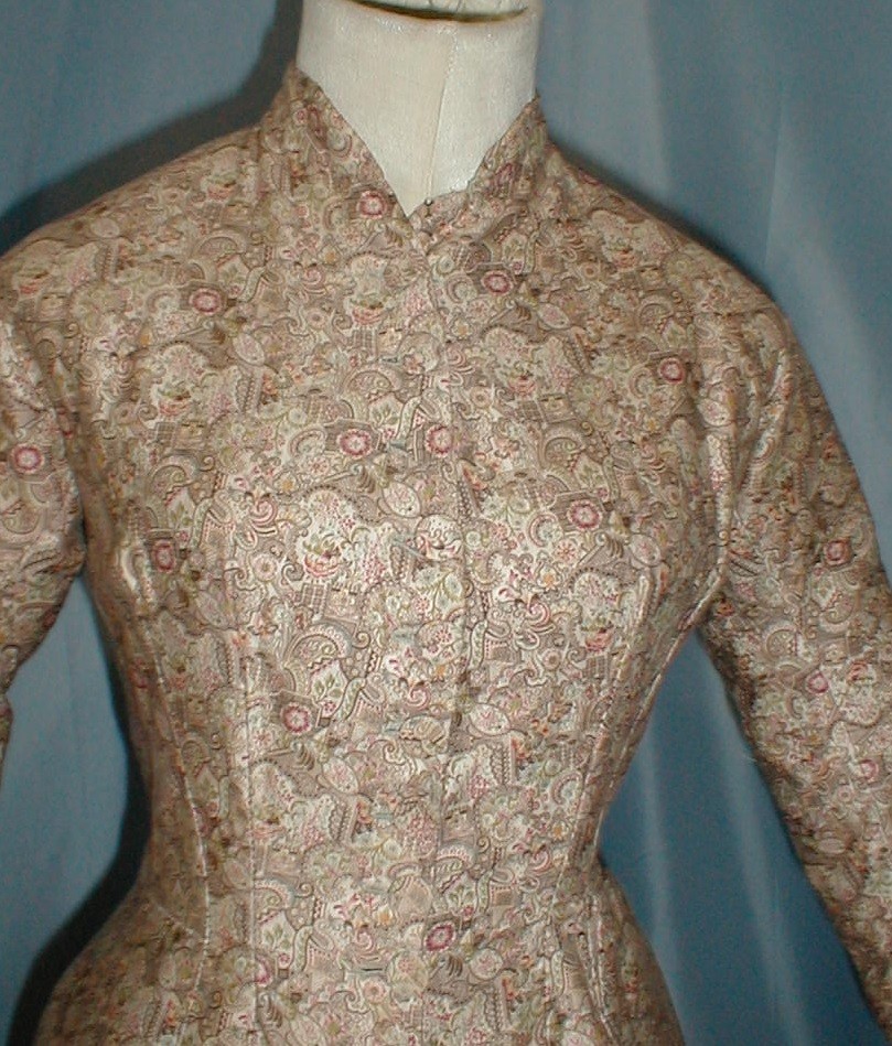Charming Antique Bustle Dress Victorian 1880 Beige Printed Cotton