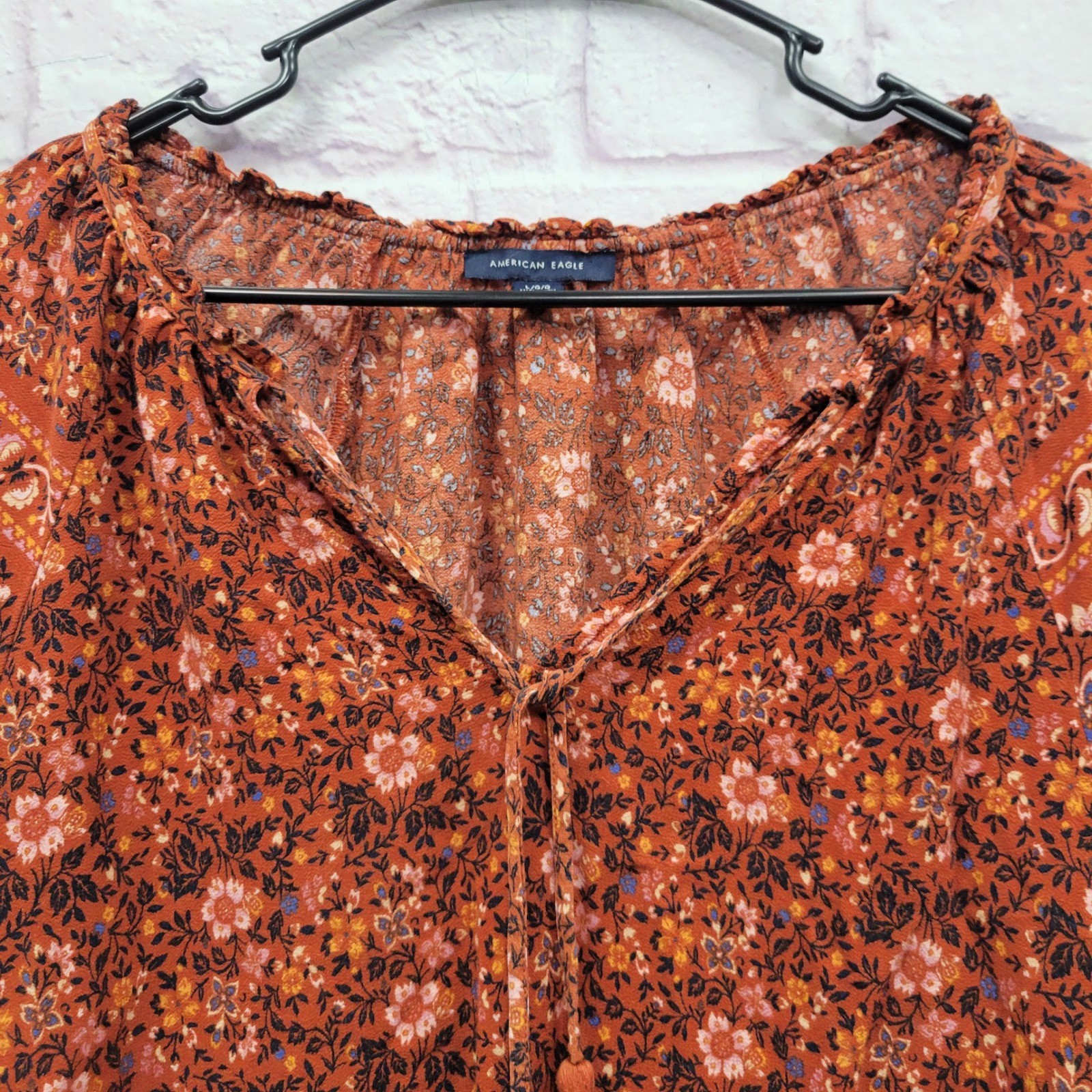 American Eagle Boho Floral Blouse Womens L Rust Orange Tassel Cottagecore Hippie
