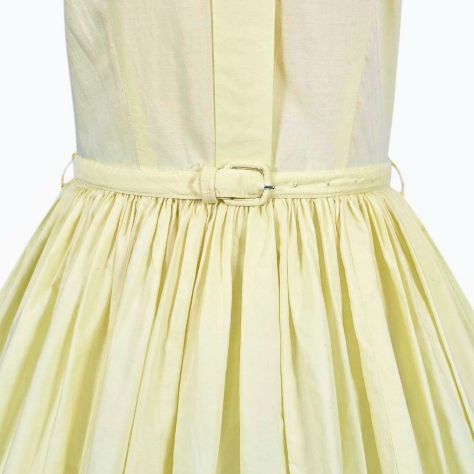 1950s Vintage Dress Belt Set 50s Summer Fit N Flare Cotton Yellow Embroidered XS
