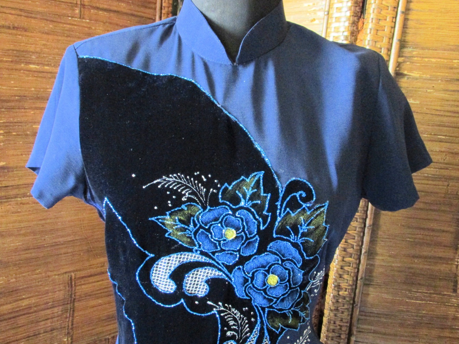 Vietnamese Cheongsam Midnight Blue Velvet Dress Polyester Glitter Special Occa