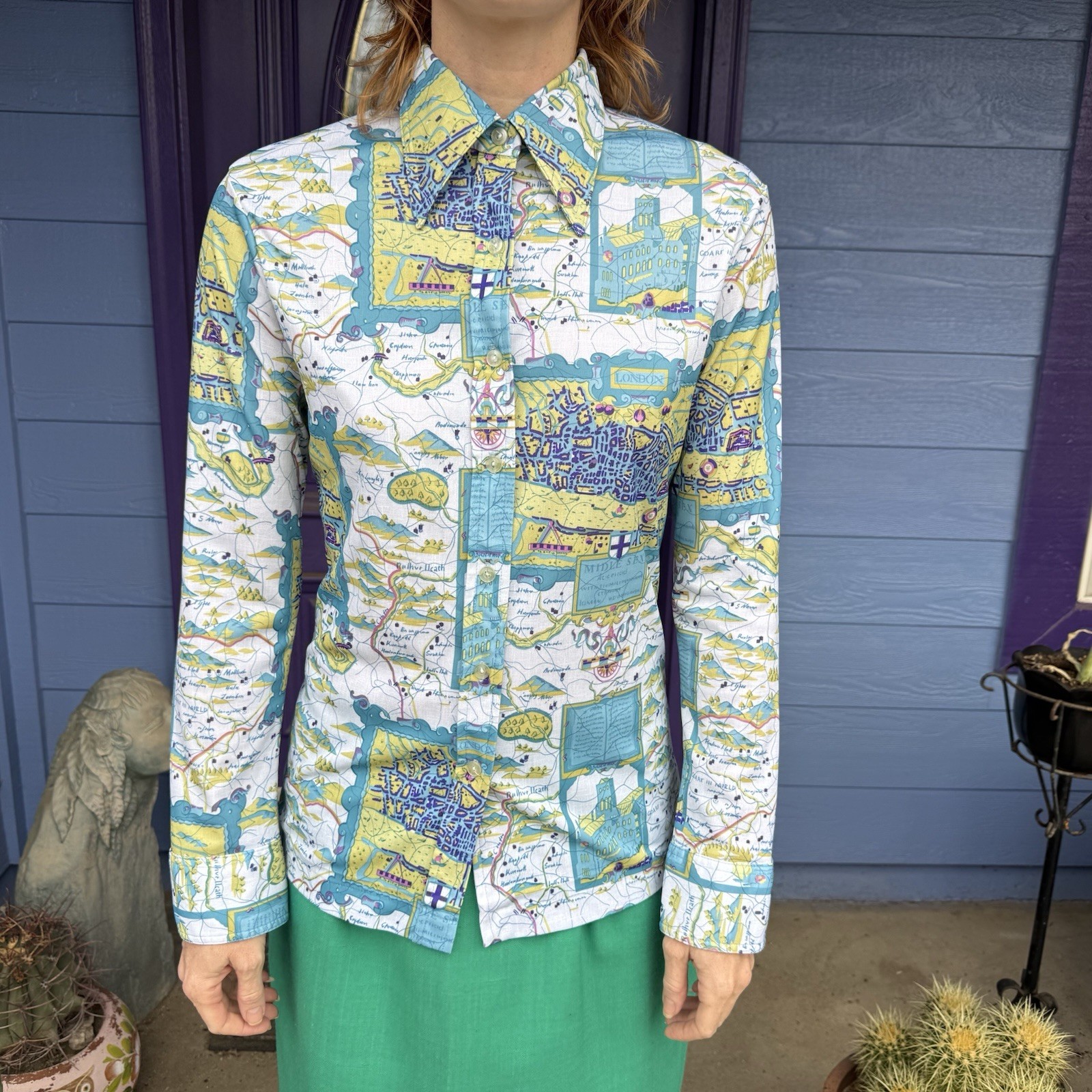 Vintage 70s Polyester Button Up Longsleeved Blouse Map Of London XS Small Blue
