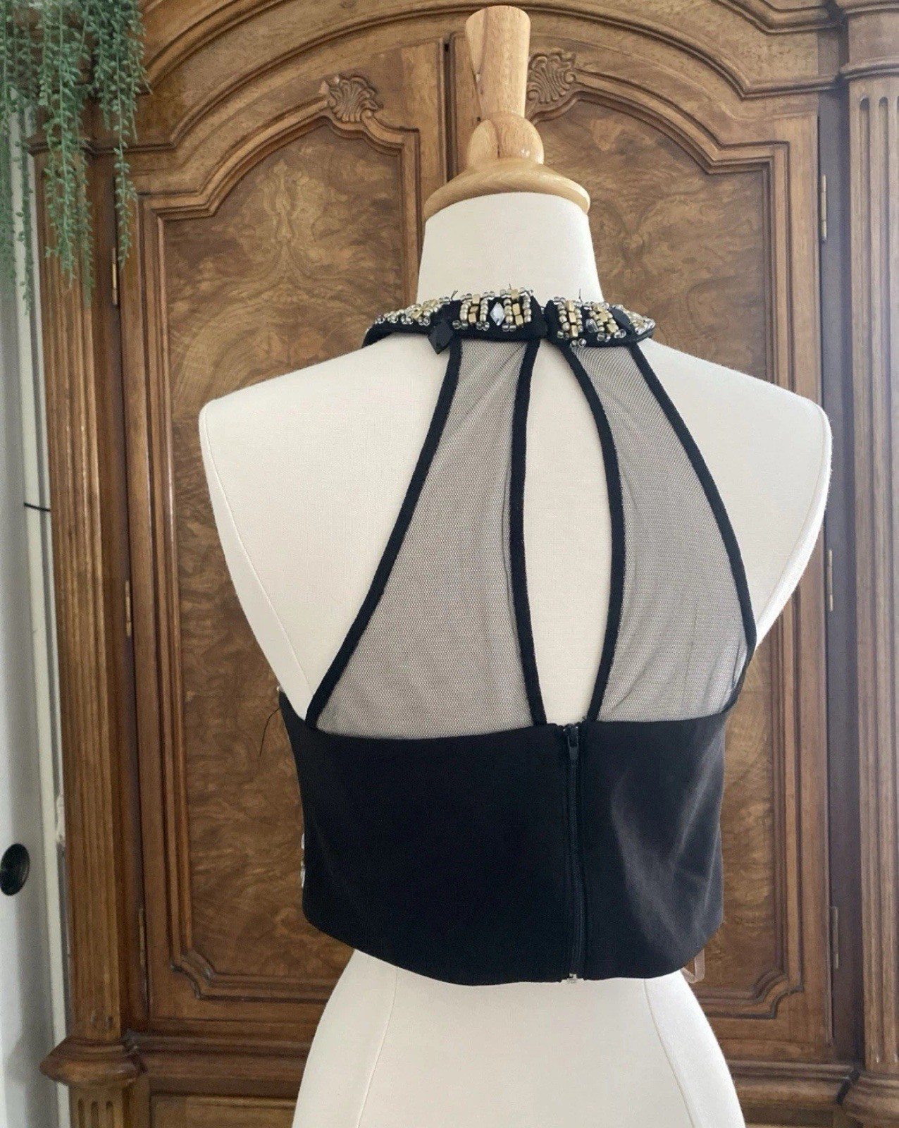 Vintage Y2k 90s Black Sequin Beaded Top Sz 9 Mesh Cropped Mcgoth Bling