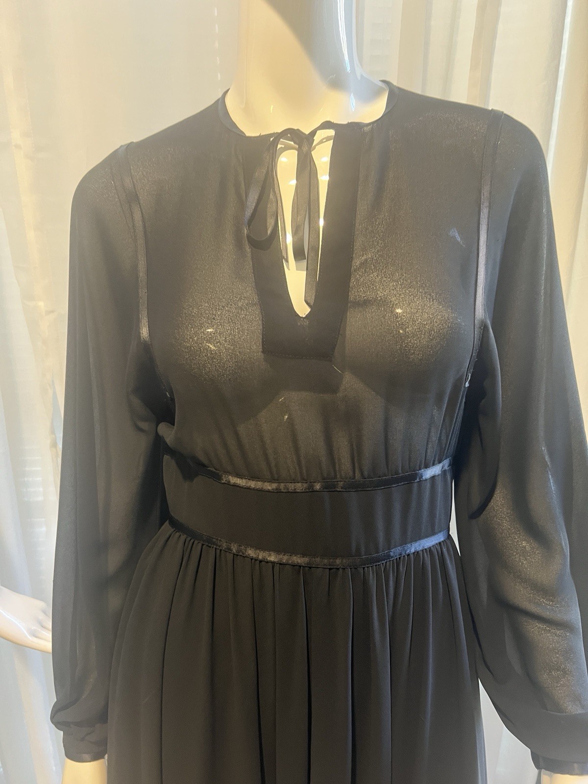 Joan Leslie By Kasper Vintage Black Chiffon Ribbon Waist Goth Boho Dress 1960s 4