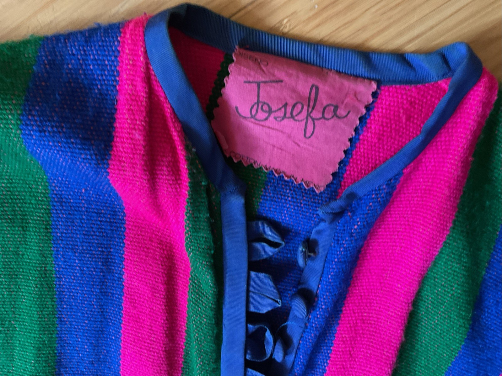 VTG Josefa Boho Caftan Maxi Dress Multicolor Pink Green Blue Pompoms Belt, Small