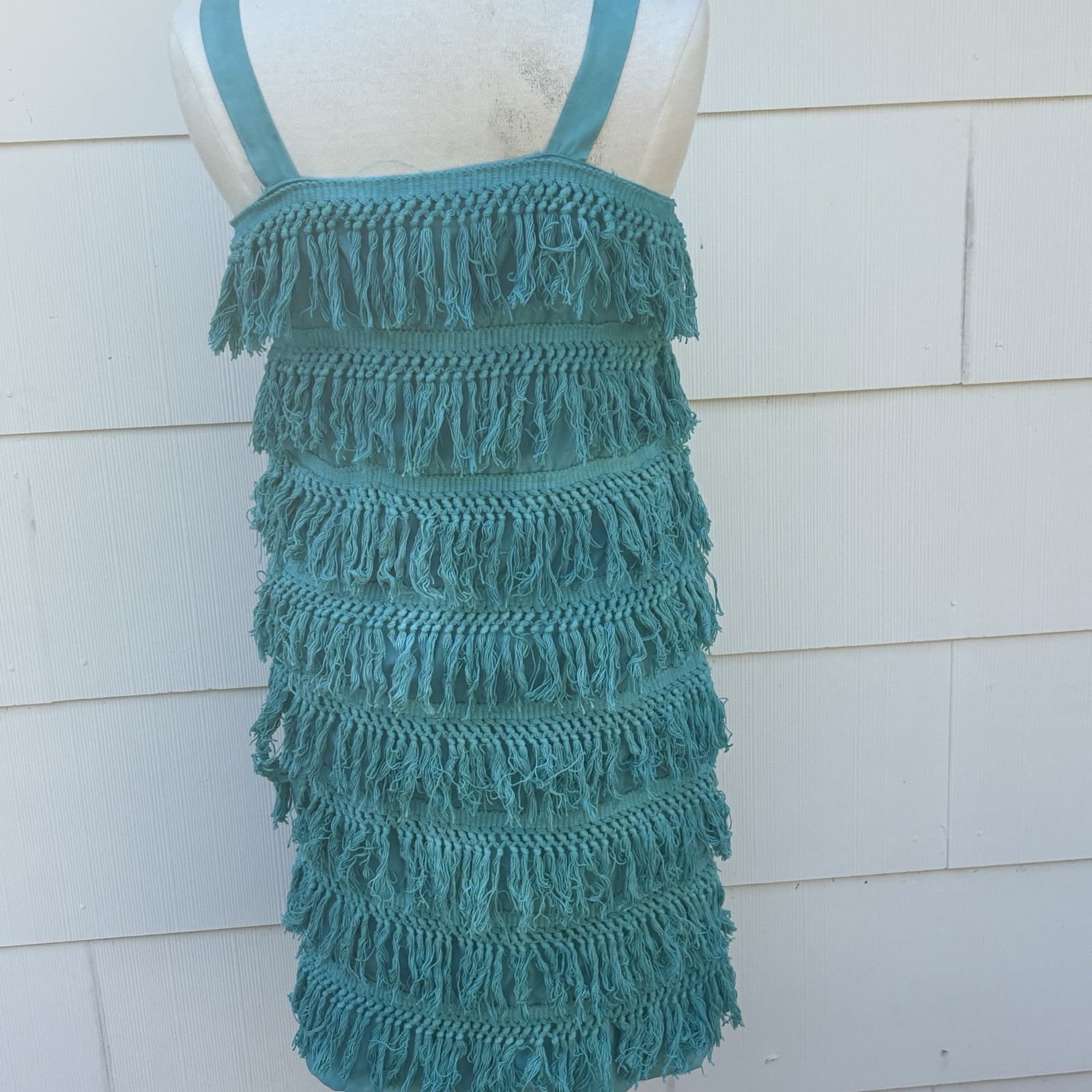 Handmade Vtg 70s Turquoise Fringe Flapper Dress Boho Disco Costume Great Gatsby