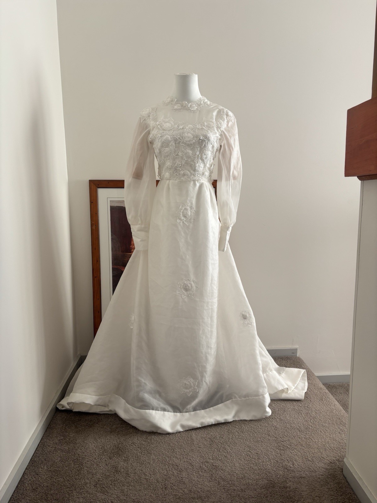 Vintage 70s White Wedding Gown Sheer Long Sleeves High Neckline Floral Boho XS