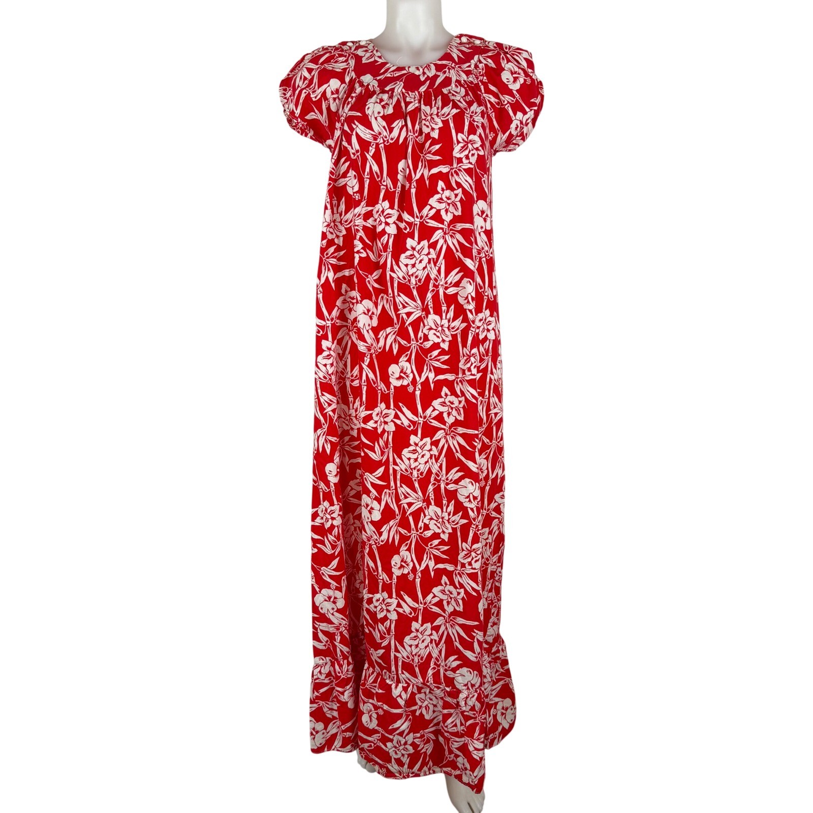 Vintage 70s Styled in California Red White Floral Muumuu Maxi Dress XS Cotton