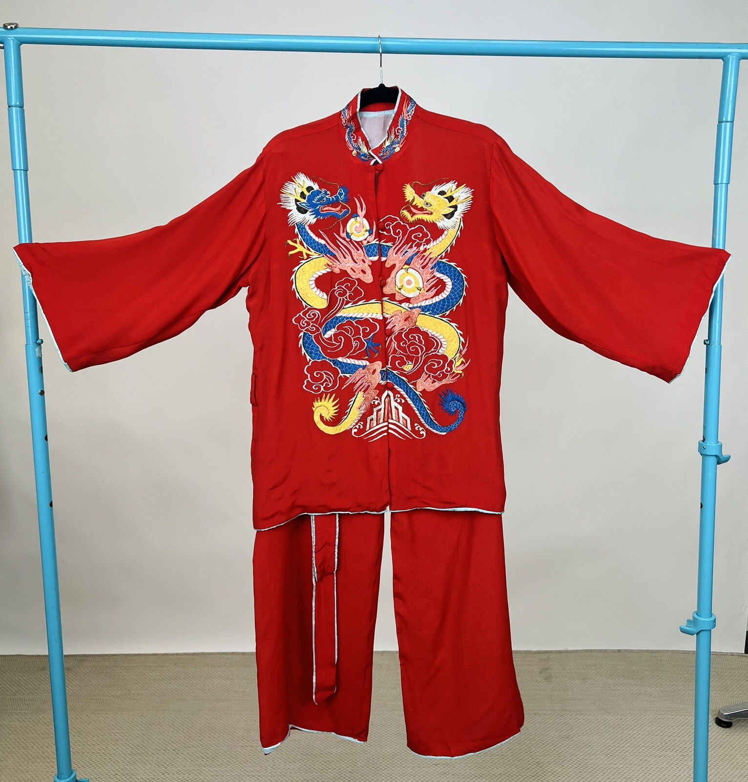 1940s Vintage Asian Japanese Red colorful Embroidered Dragon Pajama pant top set