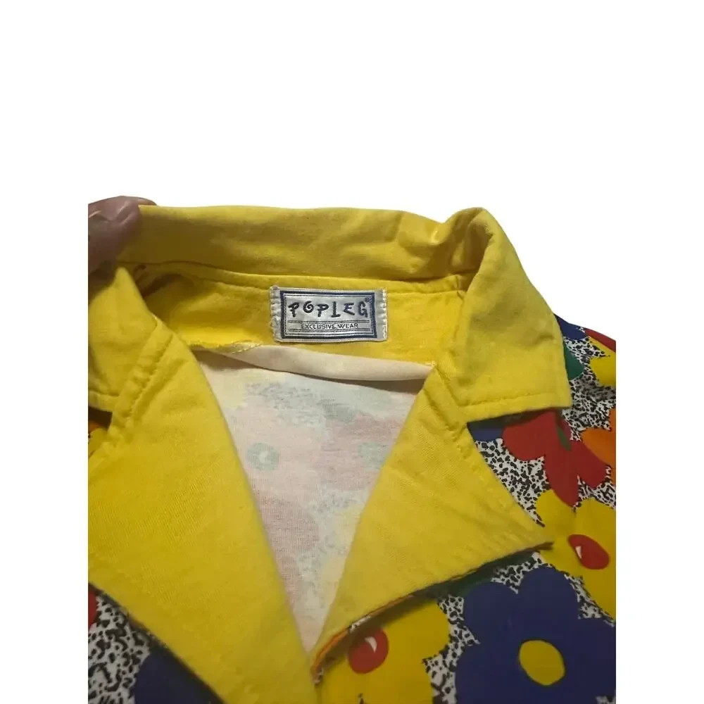 Vintage POPLEG Button Up Shirt Womens Medium Yellow Collar Groovy Daisy 80s 90s