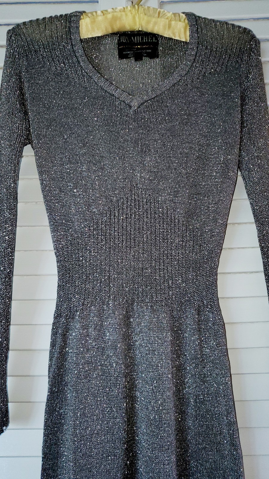 Vint 70&rsquo;s Studio 54 SILVERY METALLIC LUREX Knit V NECK Maxi Dress M HONG KONG