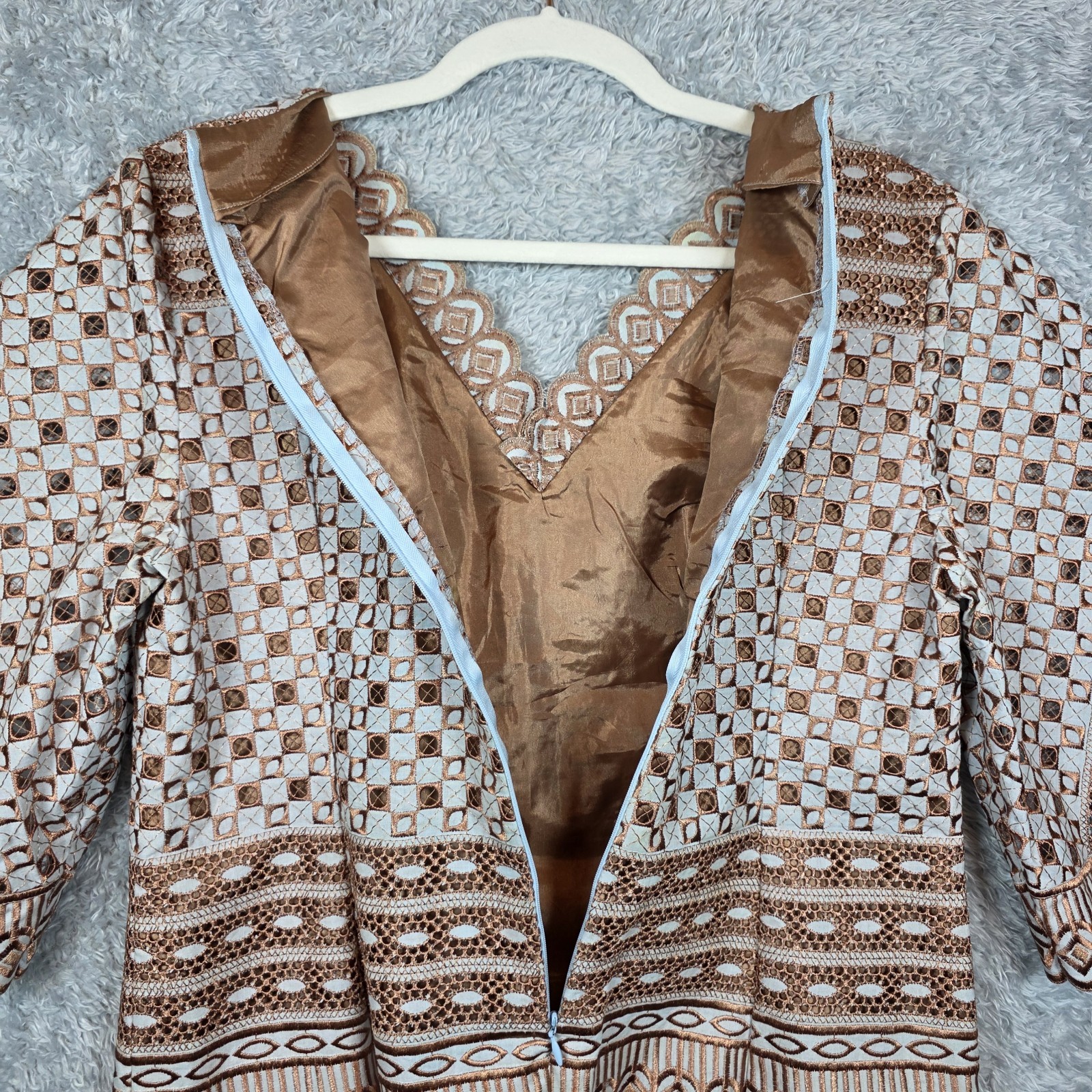 Vtg 70s Guipure Lace V-Neck Top Copper Geometric Cutwork Boho Scalloped Peplum M