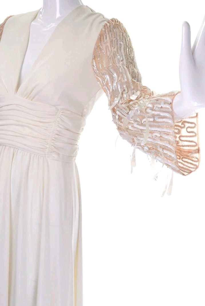 Vtg 70s Lilli Diamond Maxi Dress Gown XS/S Ivory Drop Sequin Statement Sleeves