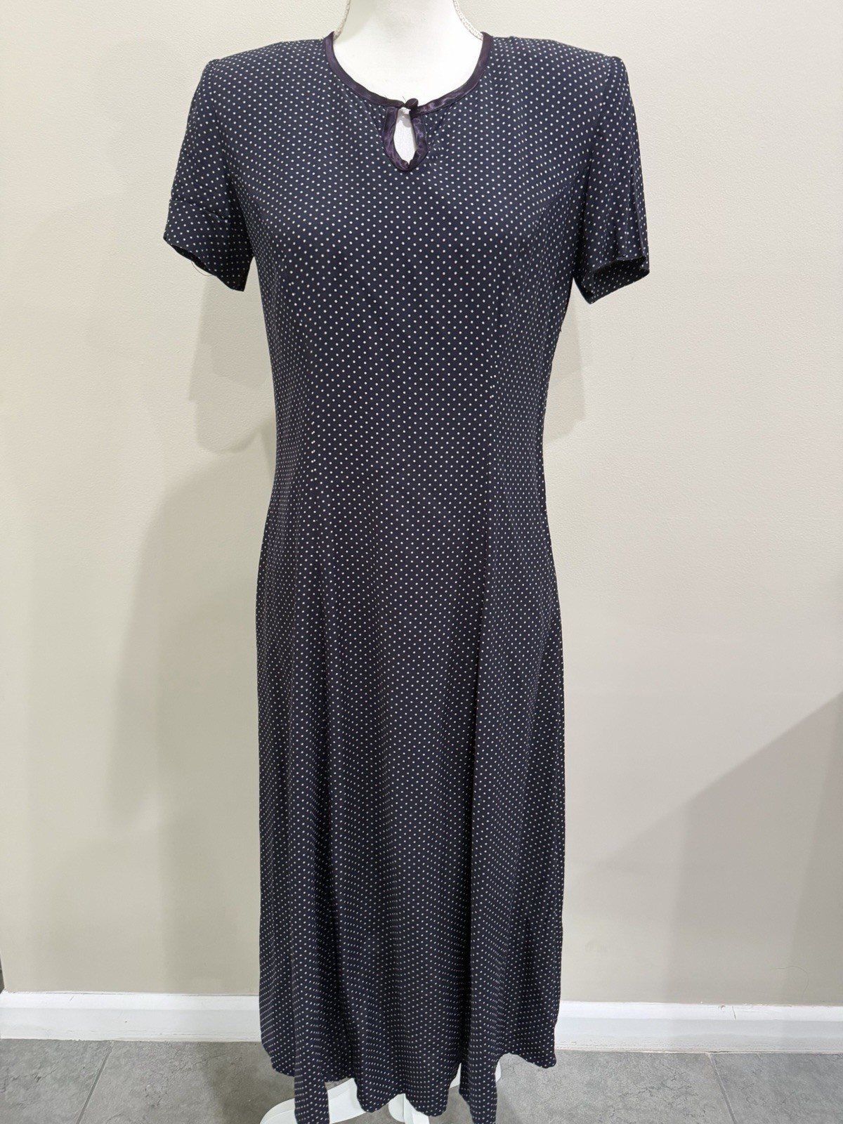 Vintage E.D. Michaels Midi A-Line Dress Size 4P Polka Dots Navy Blue Made In USA