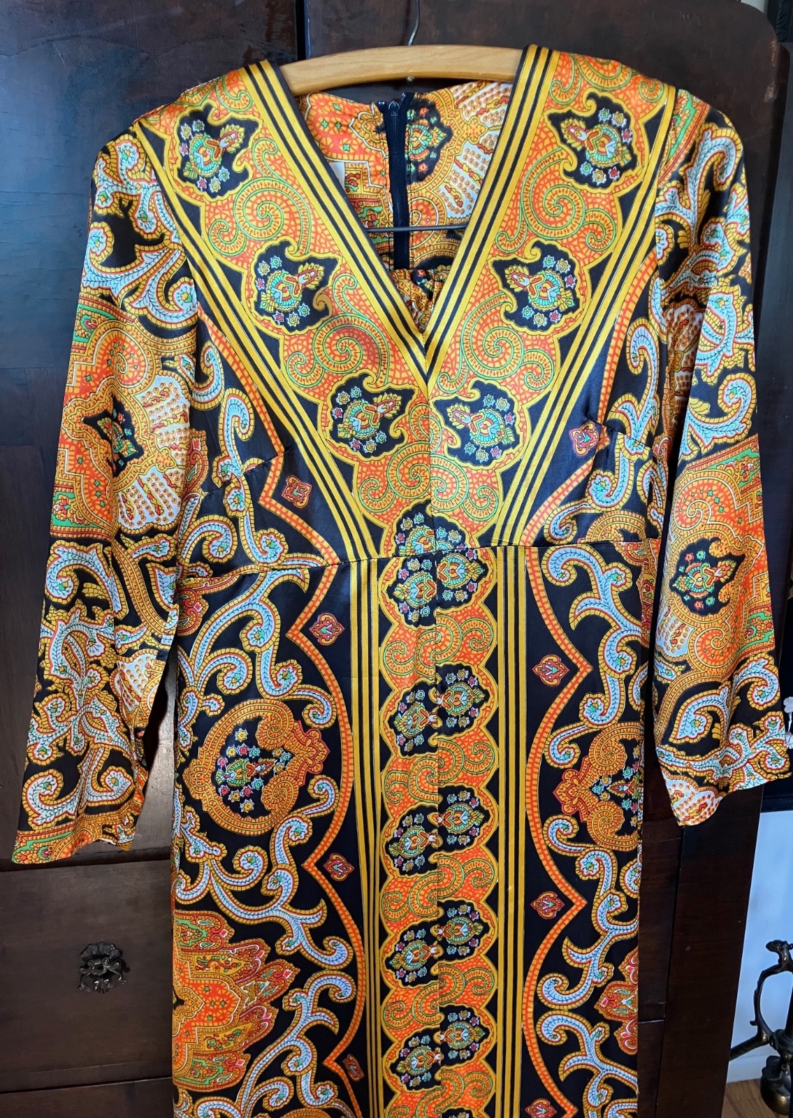 VINTAGE 70&rsquo;S VAN RAALTE SATIN 2 PC PAISLEY TUNIC DRESS & PANTS AT HOME WEAR BOHO