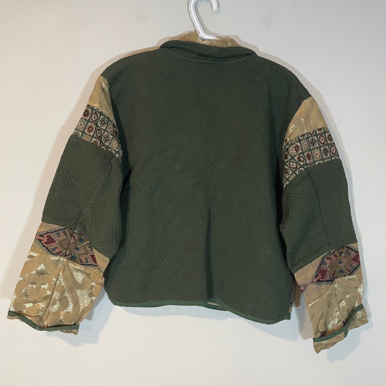 Flashback Vintage Tapestry Patchwork Jacket Green Gold Boho Art To Wear Medium