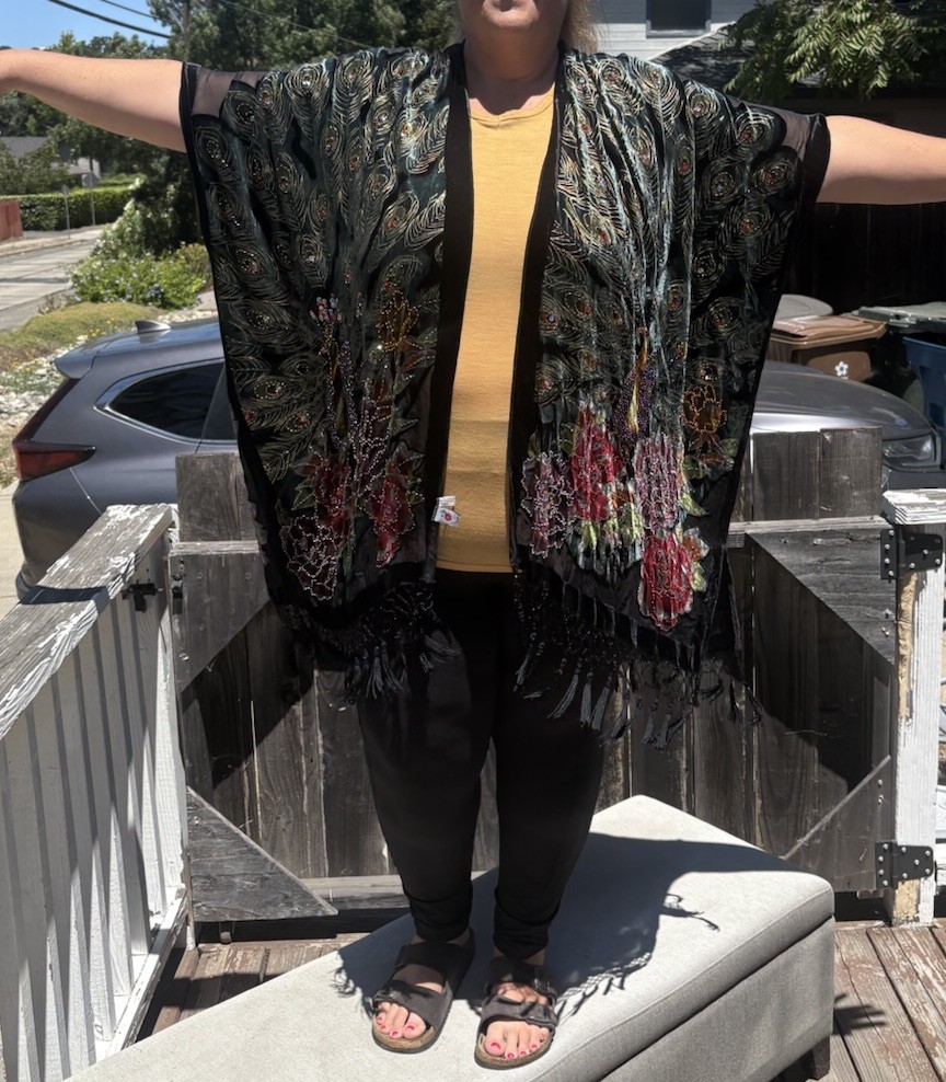 Kimono Duster Jacket Peacock Floral Velvet Beaded Burnout Coverup OS L/XL/1X/2X