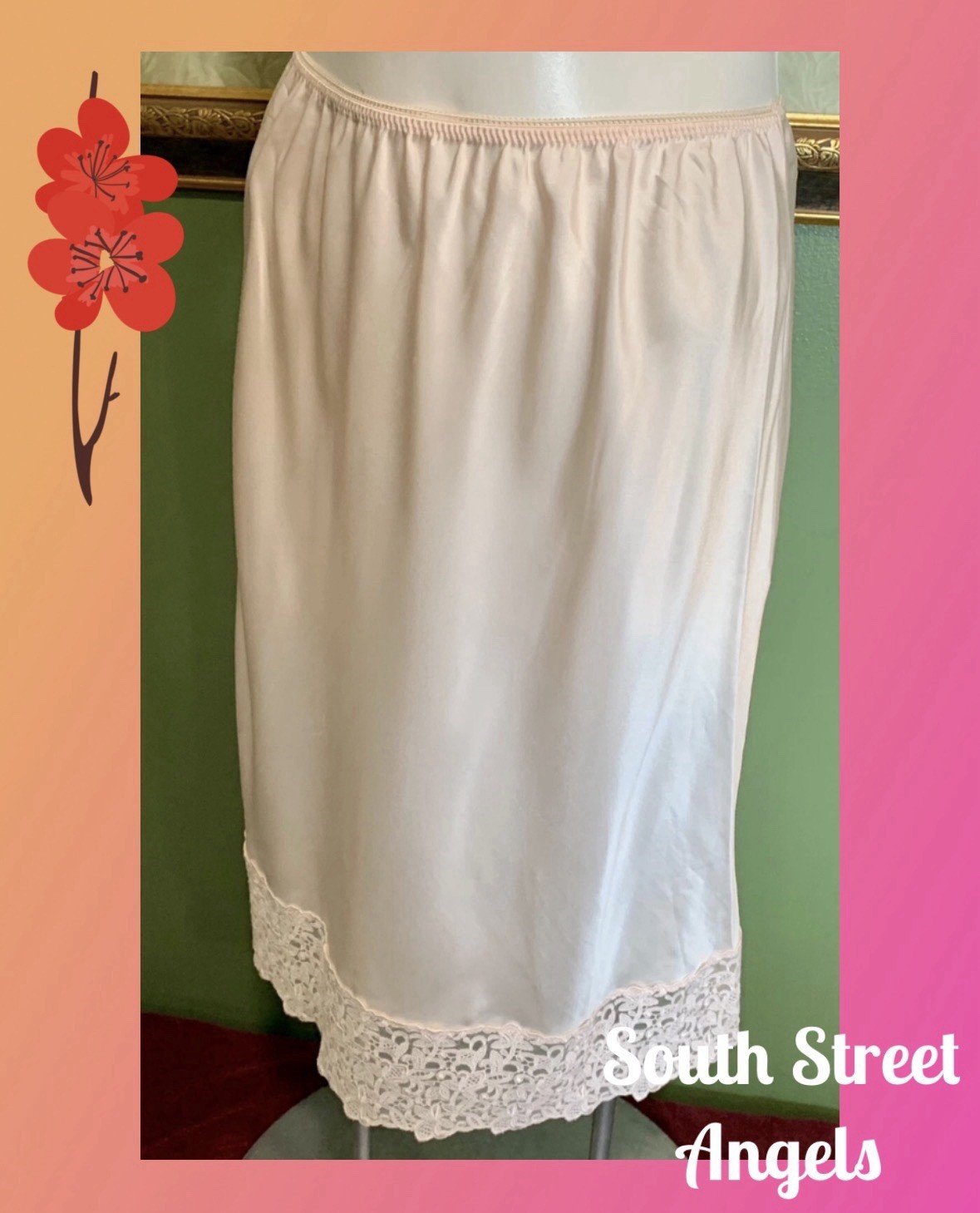 VINTAGE WACOAL 82009 ~ BLUSH PINK ~ TAPESTRY SATIN EMBROIDERED SLIP 25&Prime; ~ LARGE
