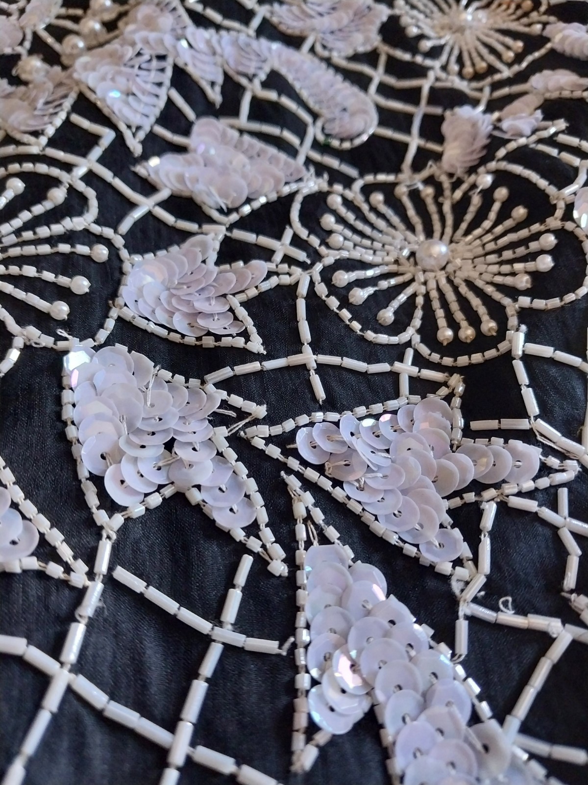 VTG GLAM DECO Sequins Beaded Mini Scalloped Dress Black White Silk Lined XS/P