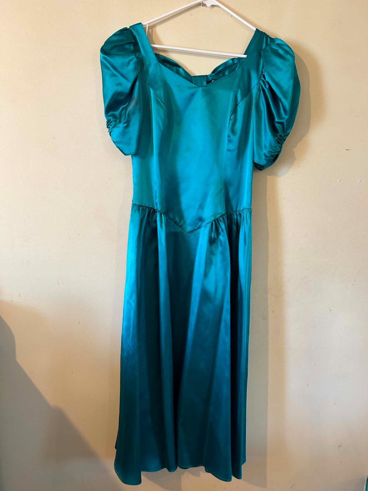 Vtg 80s Teal Acetate Liquid Satin Prom Dress Open Back Bow Puff Sleeve USA Sz 12