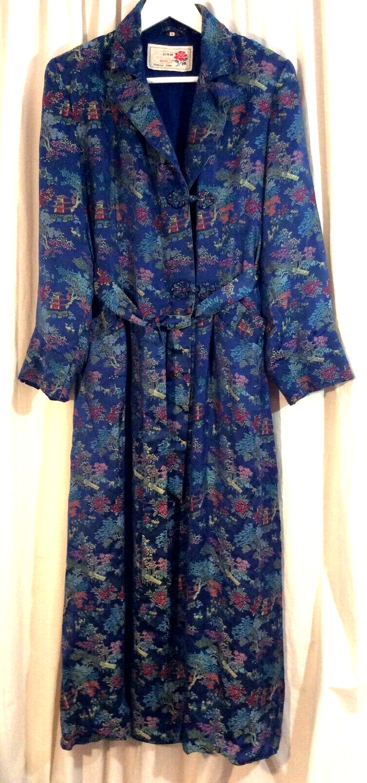 VTG PEONY Brand Women&rsquo;s 36 Dark Blue Long Silk Brocade Robe Shanghai China EUC