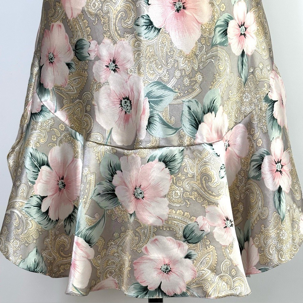 Vintage Satin Chemise Slip Dress 80&rsquo;s Coquette Ruffle Floral Pinup Girl Glam