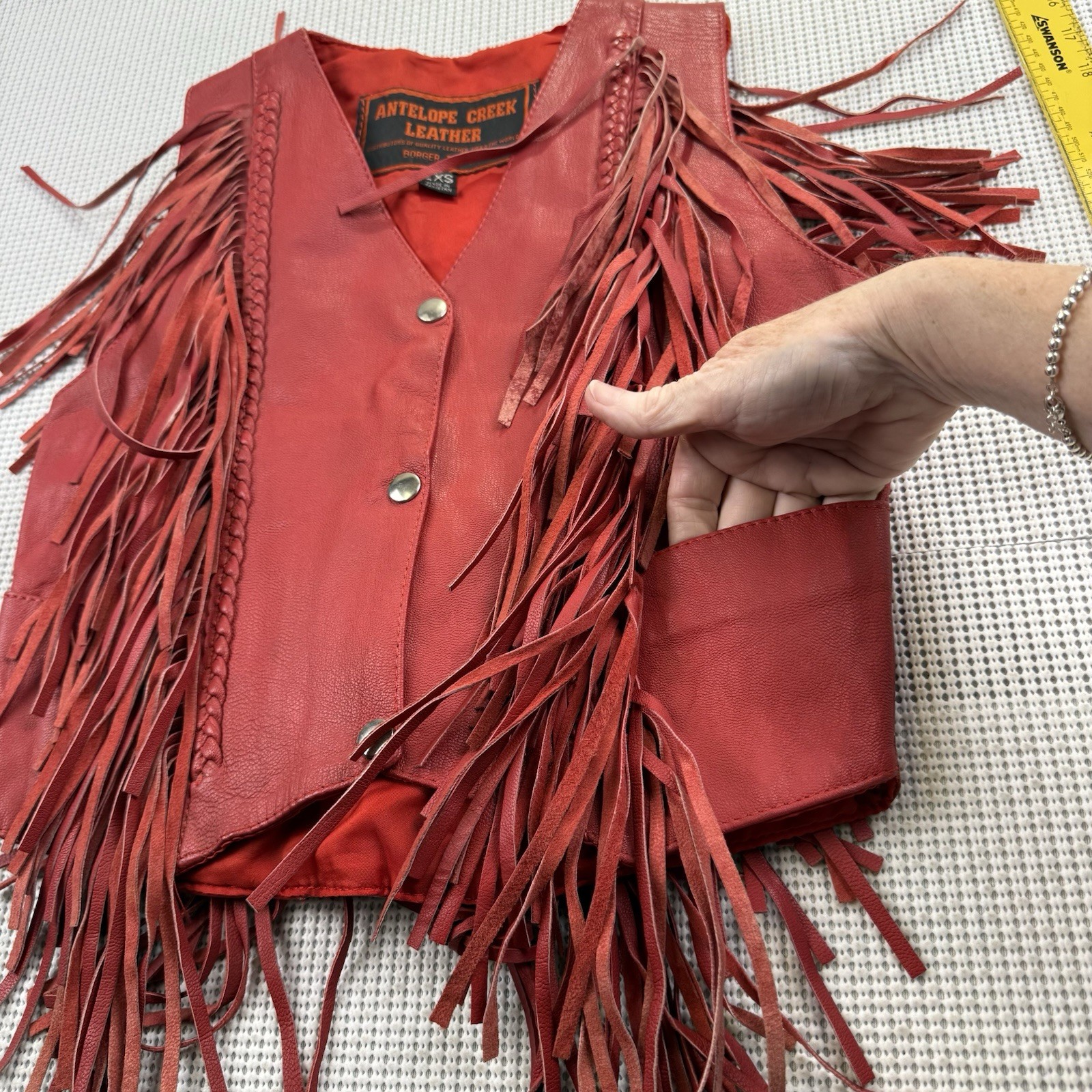 Vintage Antelope Creek Women’s 2XS Red Leather Fringed Vest, Lined, Pockets GUC