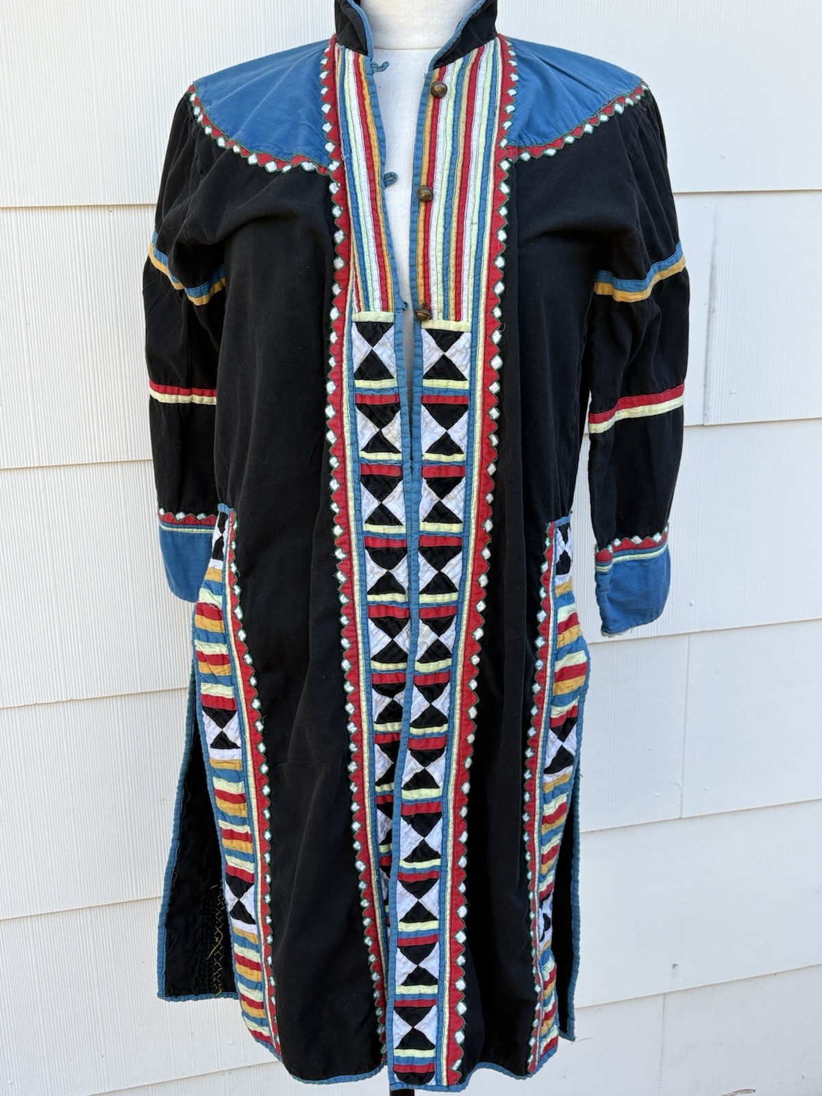 Vtg Thai Hill Tribe Jacket Geometric Patchwork Duster Coat Folk Art Kaftan Boho
