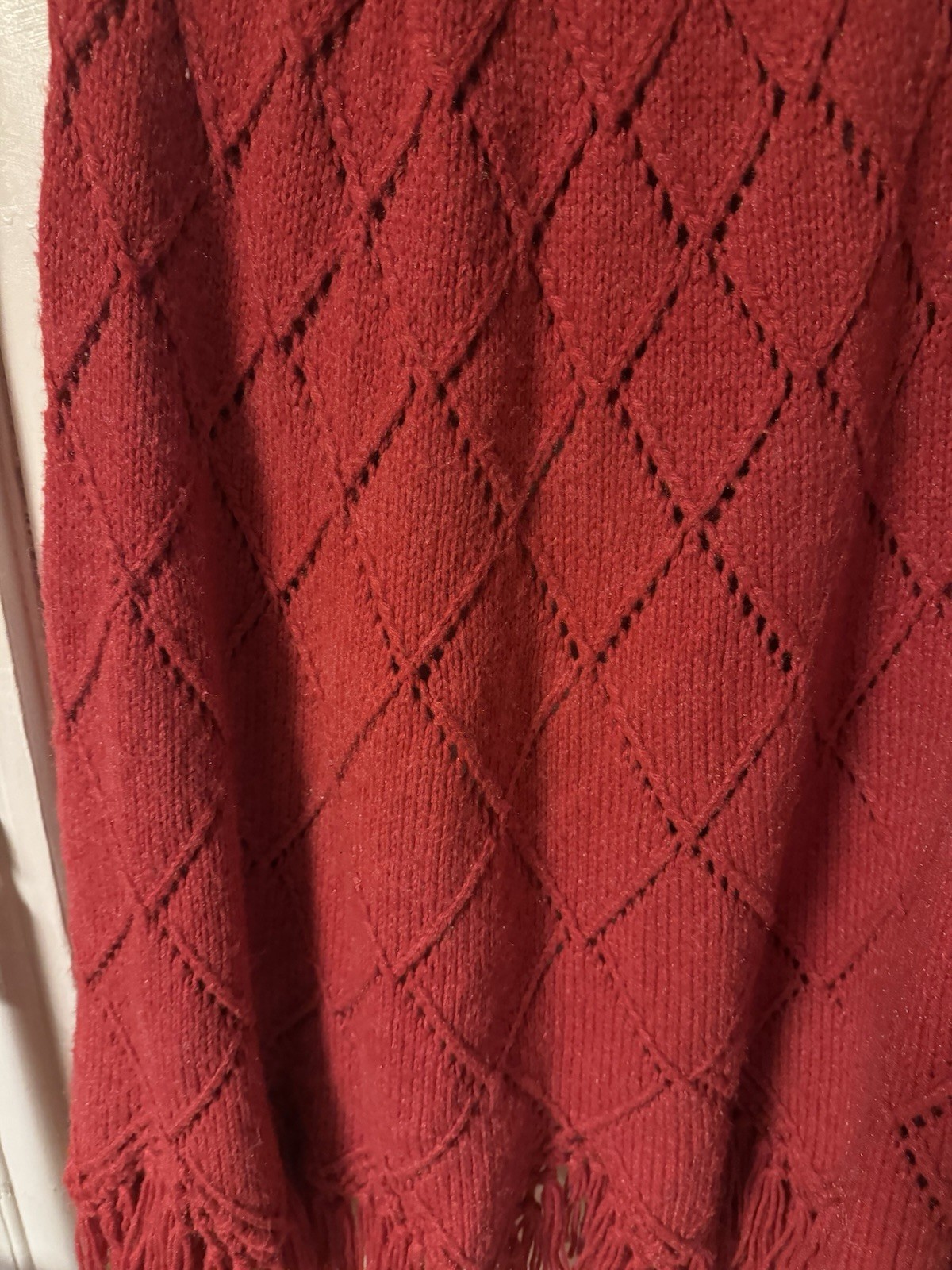 Vintage 1960-1970’s Red Hand Knit One Of A Kind Caplete With Fringe DiamondLace