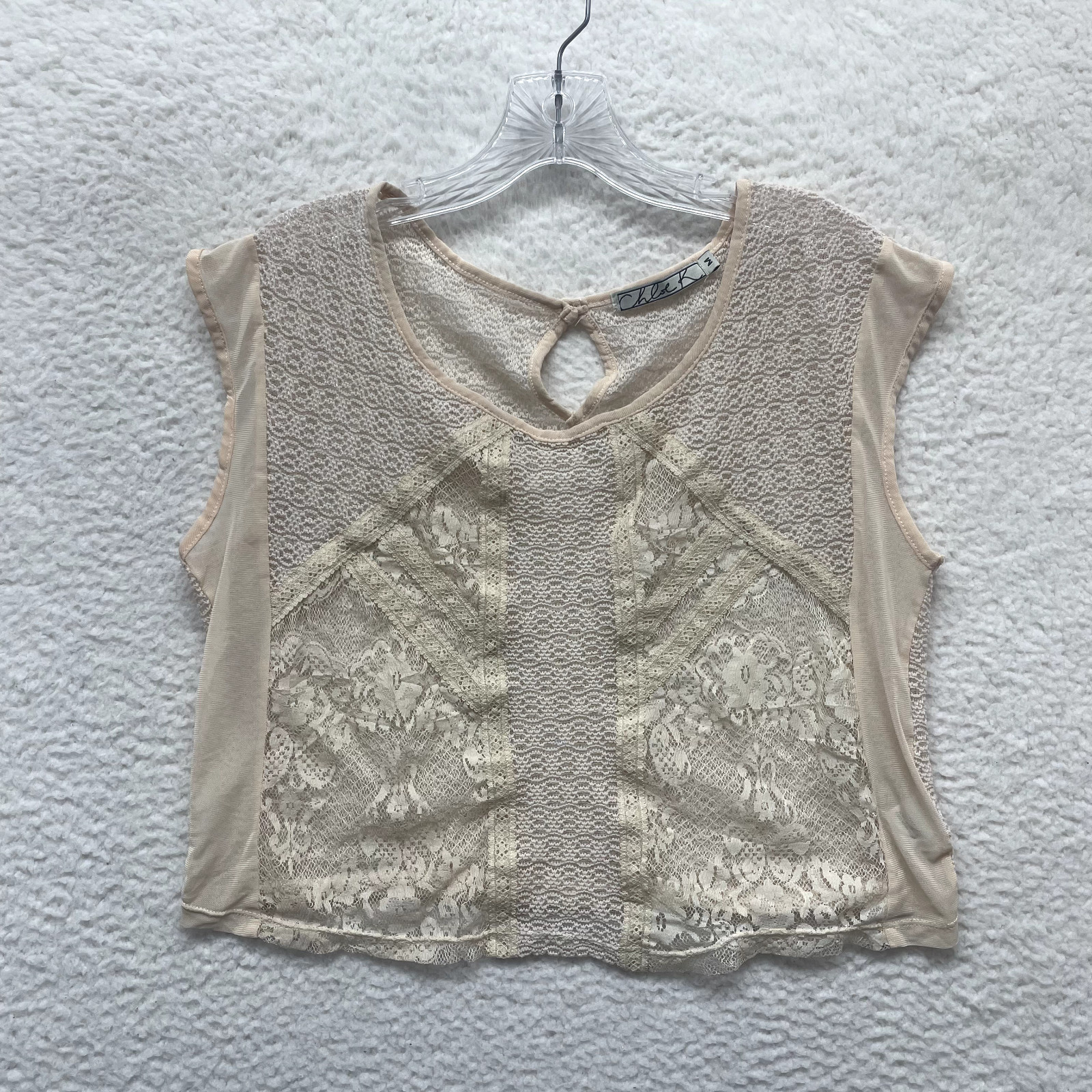 Y2K Vintage Top M Medium Cream Beige Oatmeal Sheer Lace Mesh Boho Bohemian