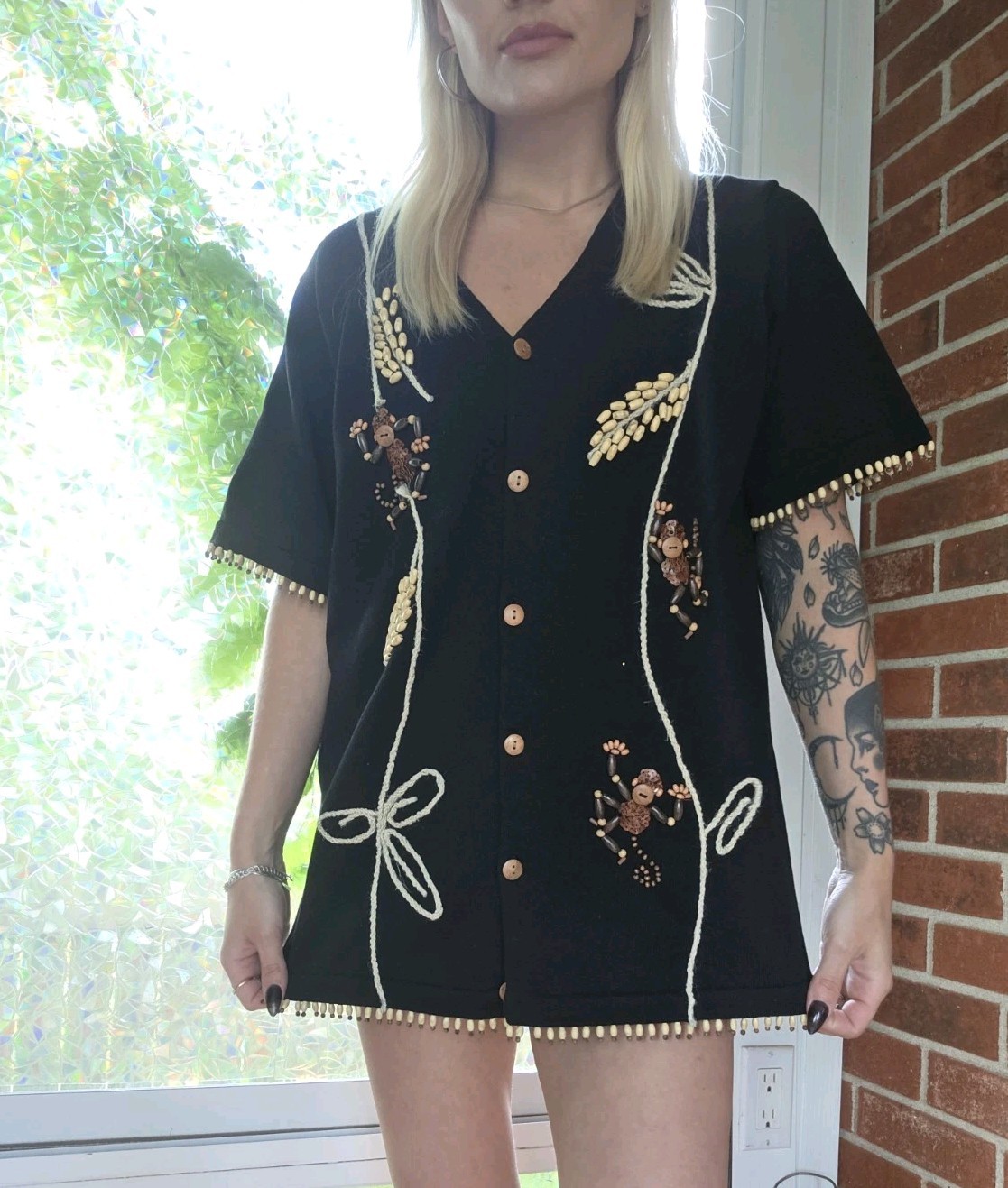 Vintage Eclectic Hand Embroidered Beaded Button Top Size L Artsy Boho Monkey
