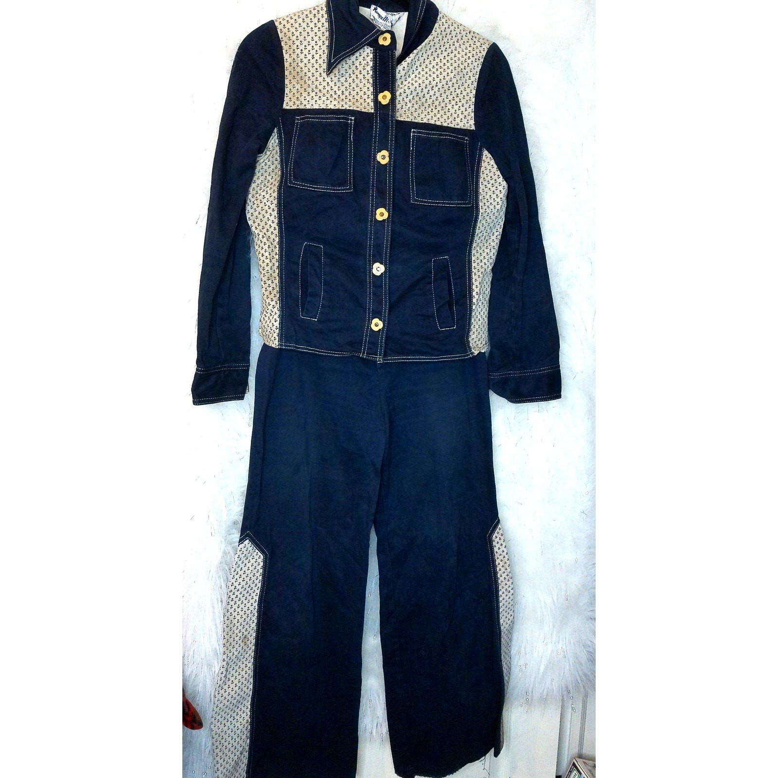 Vintage 70s Roncelli Blue Embossed Bell Bottom Set 13/14 Western Festival 1970s