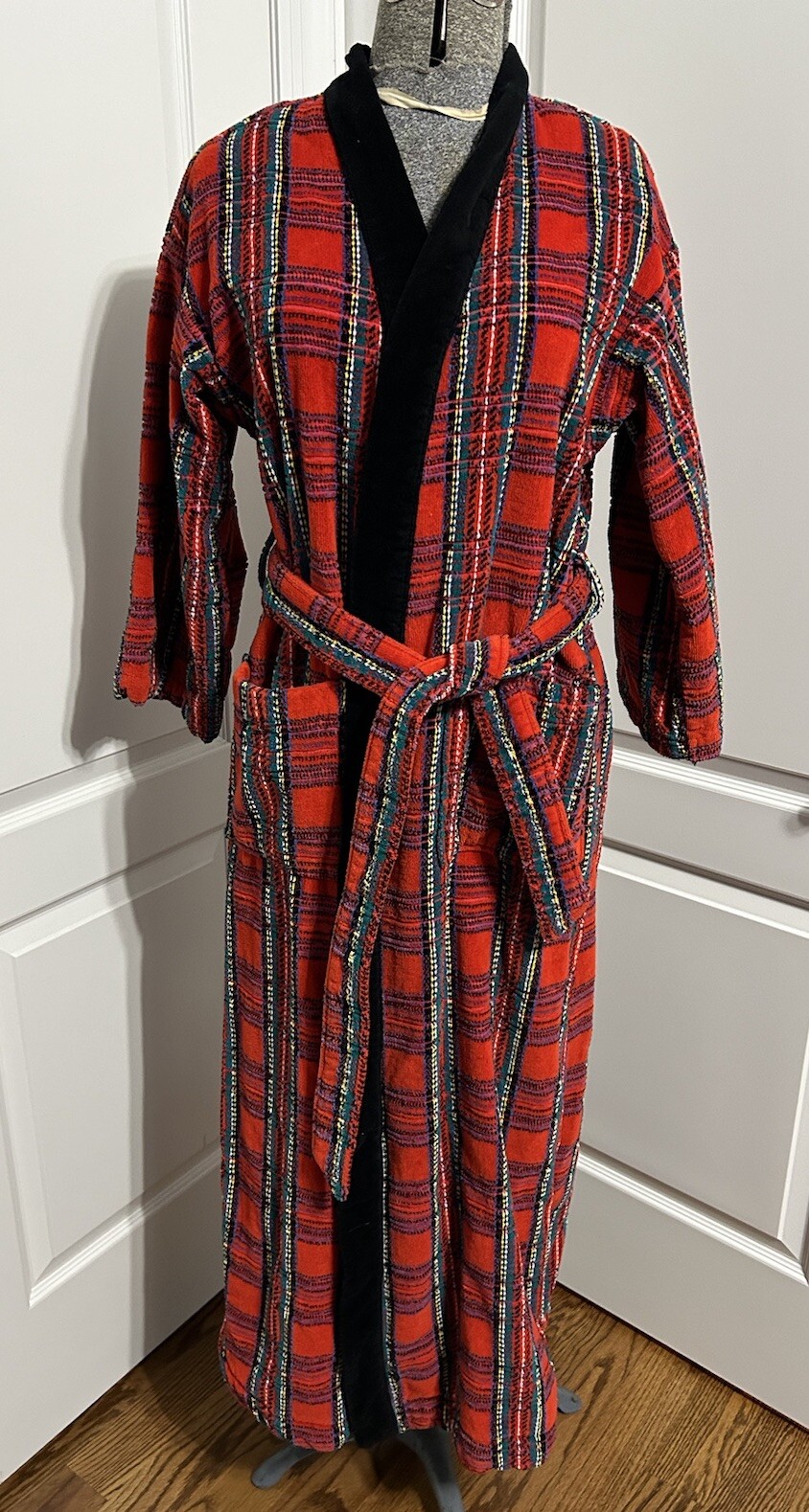 Vintage Red Chenille Plaid Cotton Bathrobe Made Brazil Women’s Small Medium