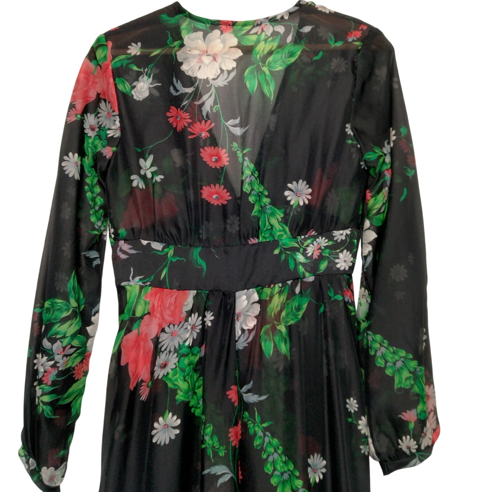 Vintage 1970s Sheer Dress Robe Size 5-6 Black Daisy Floral Hippie Boho