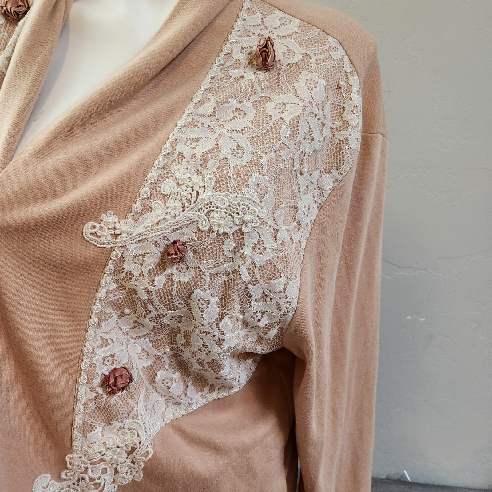 Vintage Lacy Afternoon Shell Kepler Lace Rosette Cardigan Peach Plus Size 1X