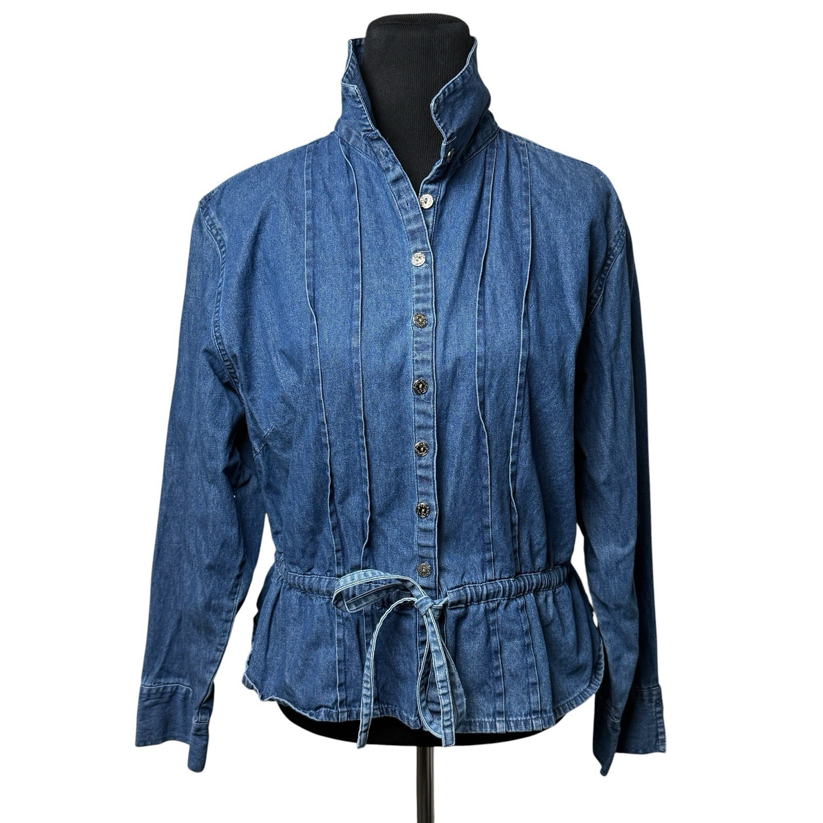 Vtg Denim Peplum Shirt Jacket Xl Collared Button Down Pintuck Preppy Classic EUC