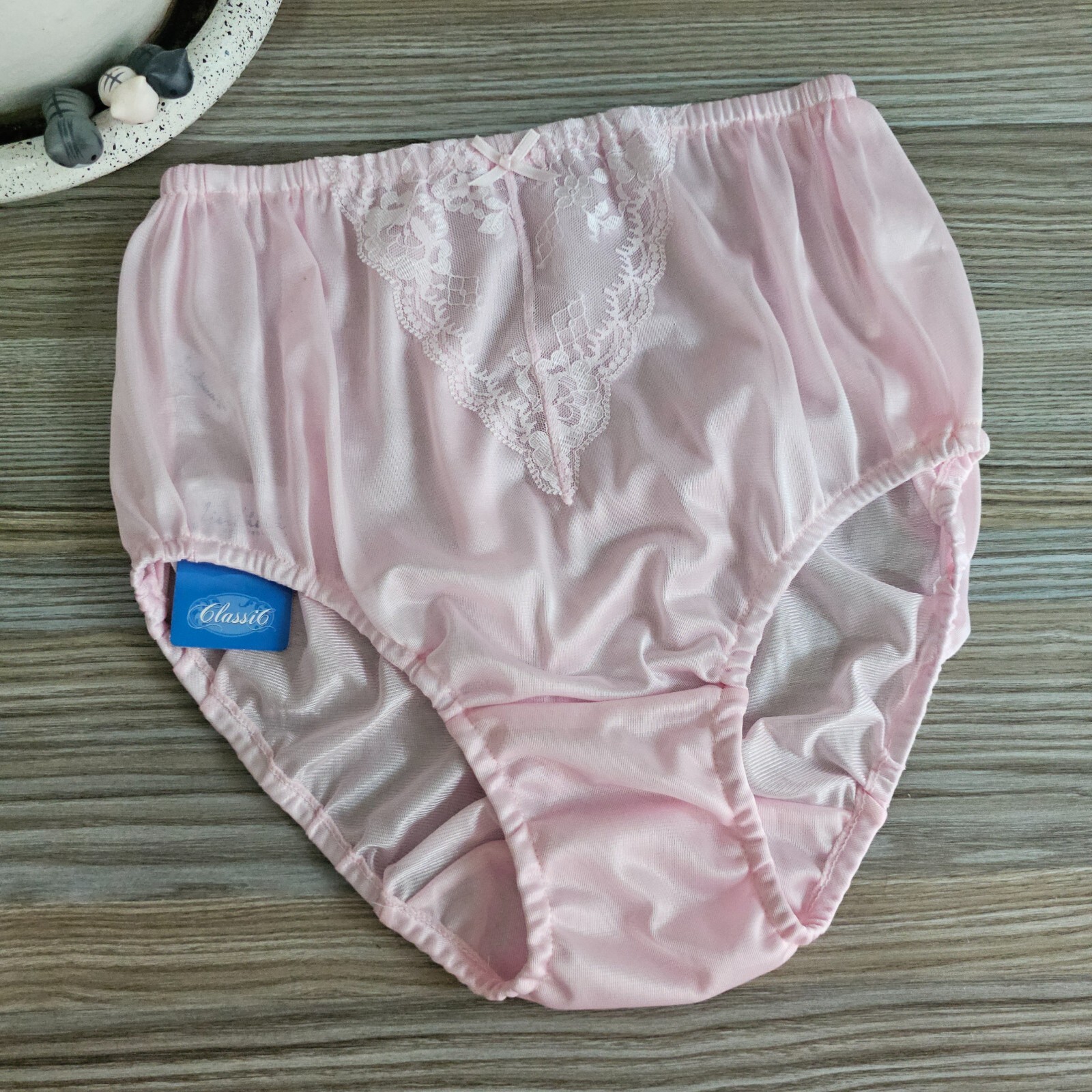 Vintage Silky Polyester Panty Sissy Pink Nylon Lace Brief Size 7-8 Hip 38-42&Prime;