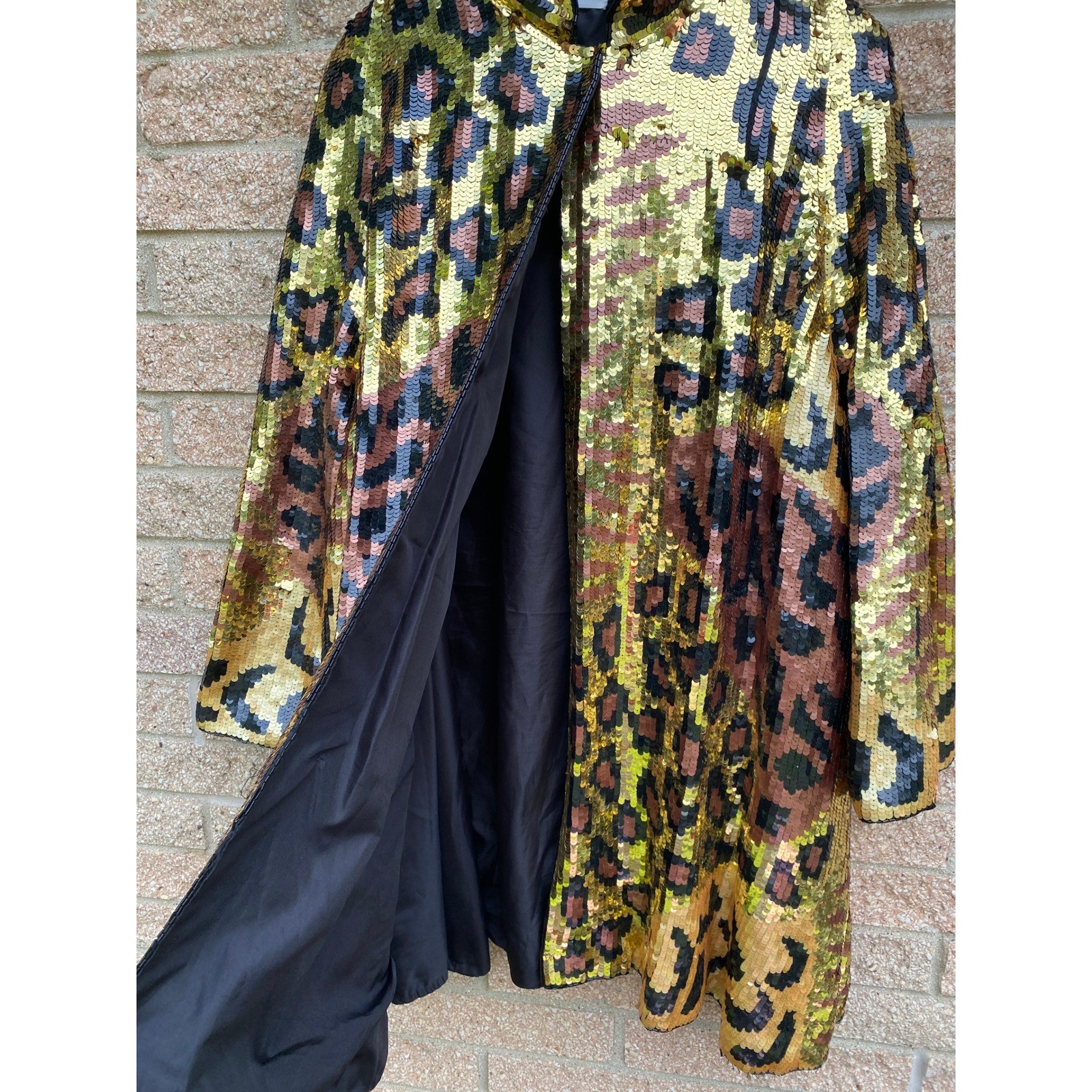 Vintage Silk Sequin Leopard Print Duster Coat Gold Bronze Medium Glam Mob Wife