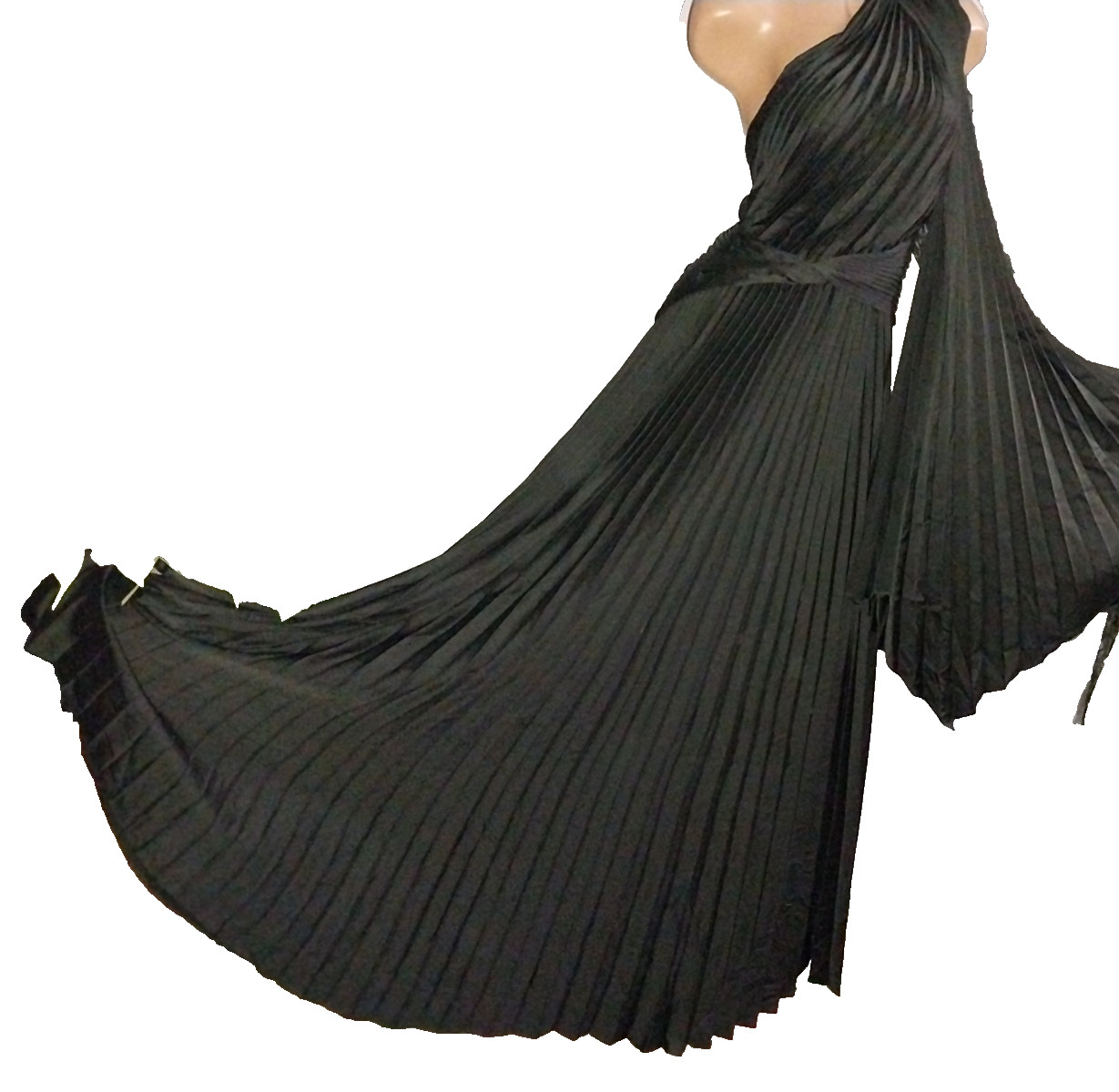 VTG SATIN SHINY CRYSTAL ACCORDION PLEATS MAXI OFF SHOULDER DRESS WRAP NEW