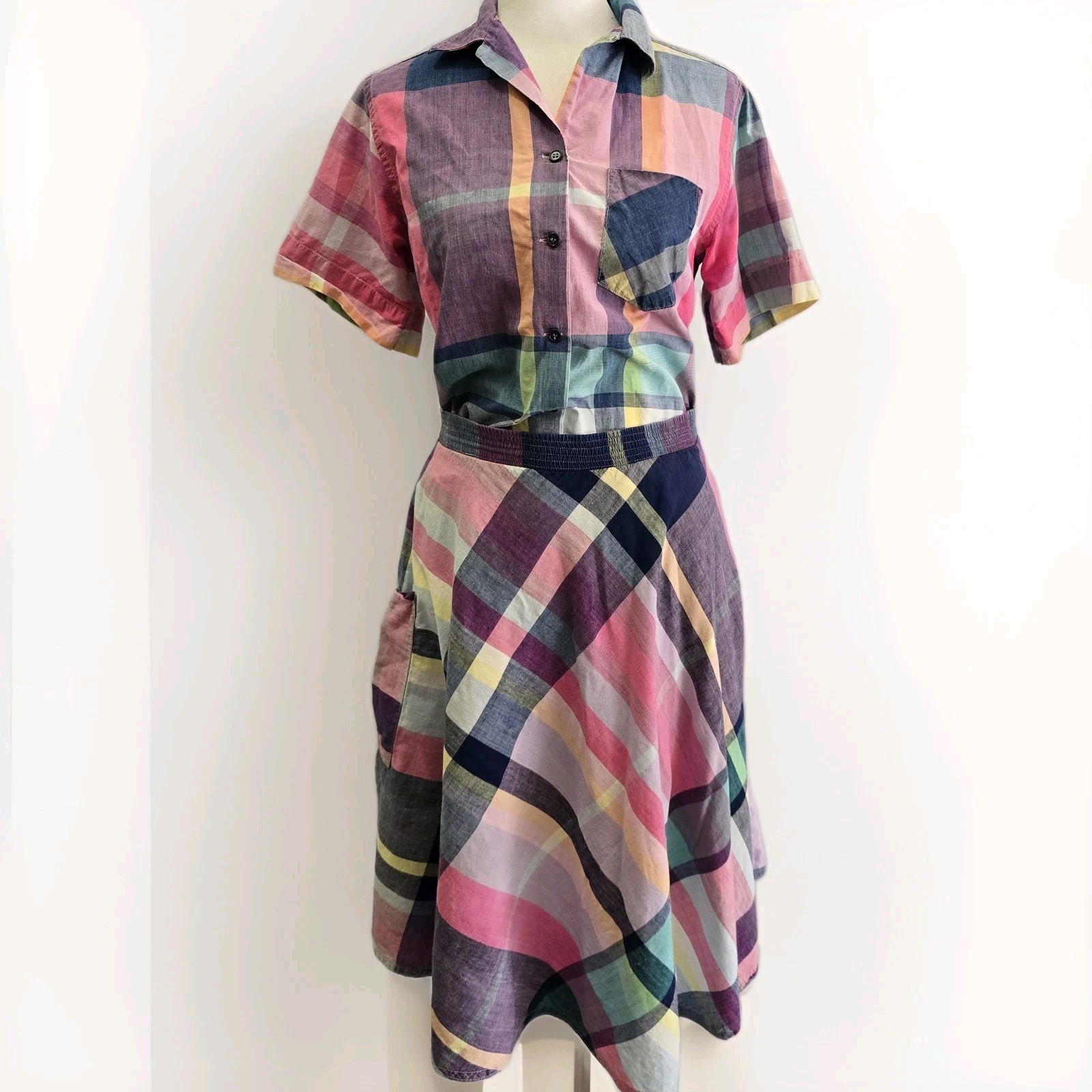 VTG RACHATTA LTD Hand Woven Cotton 2-Piece Madras Plaid Set Skirt & Shirt Size 6